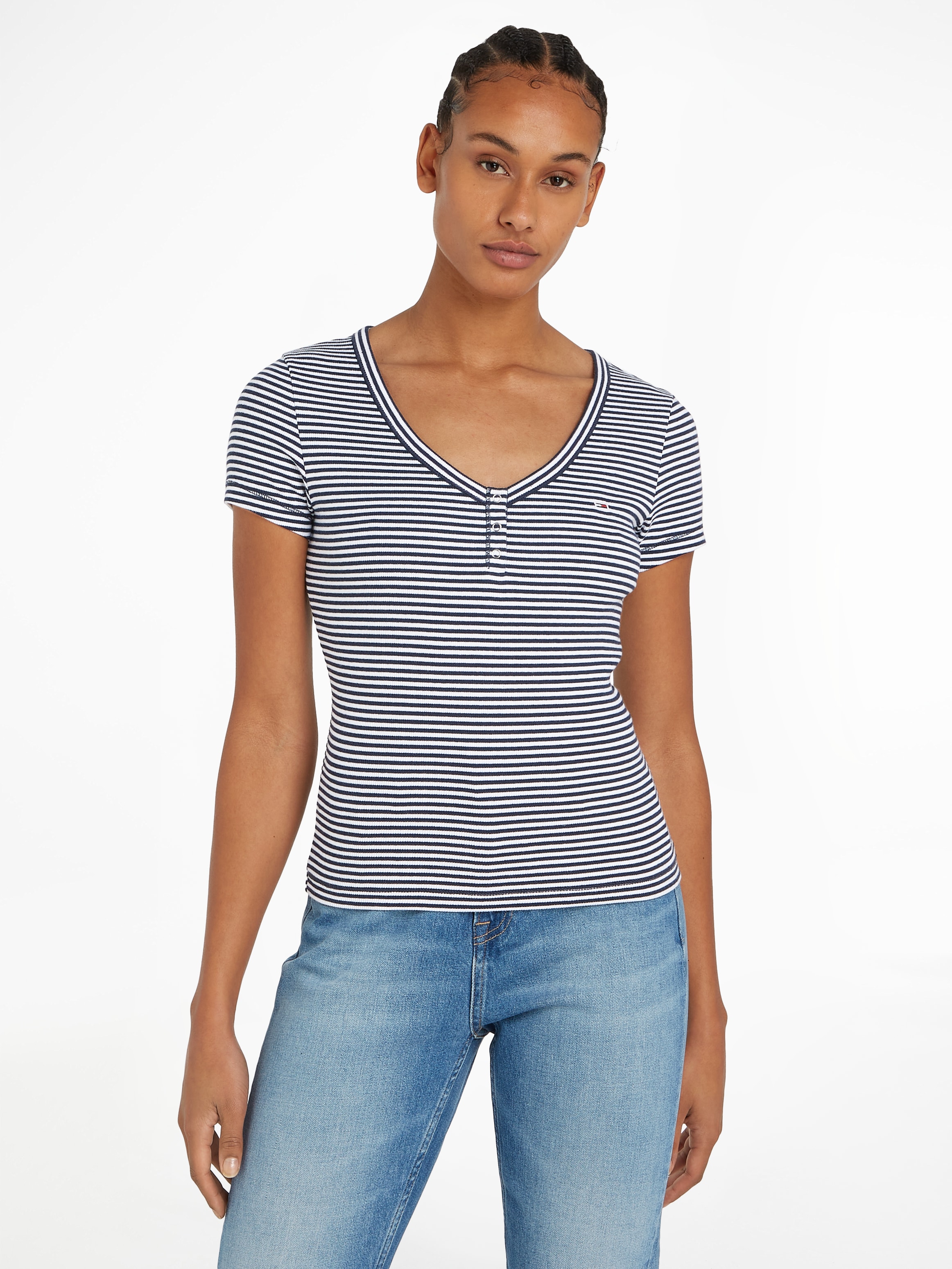 V-Shirt »TJW SLIM HENLEY STRIPE V-NECK SS«, im Streifendesign