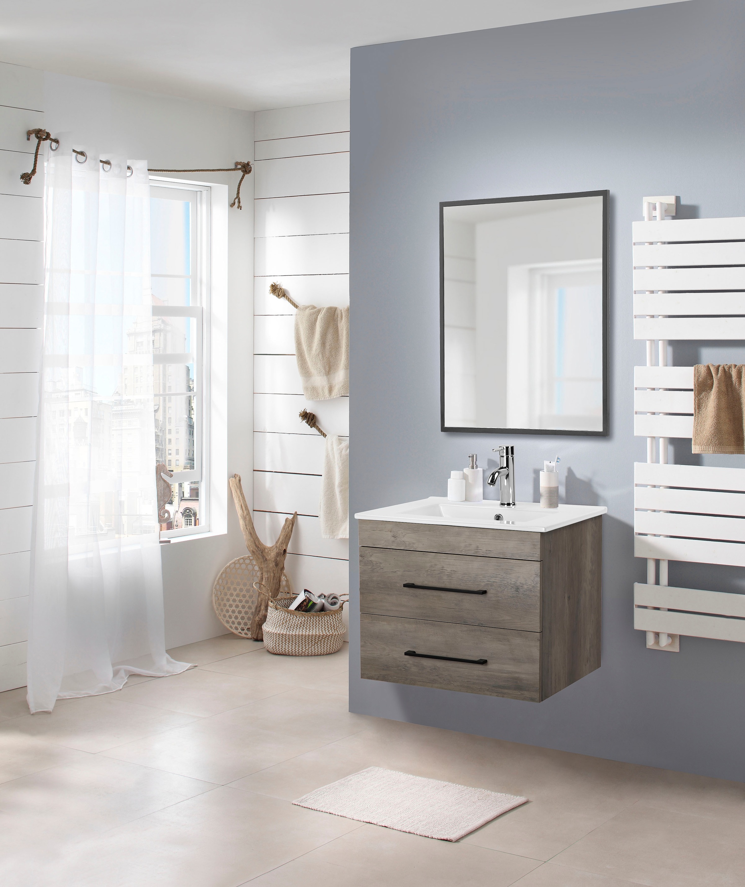 welltime Waschtisch "Florenz Badschrank Badmöbel inkl. Waschbecken" Komplett-Set, Waschplatz mit 2 Auszügen und Softclose Breite 60cm