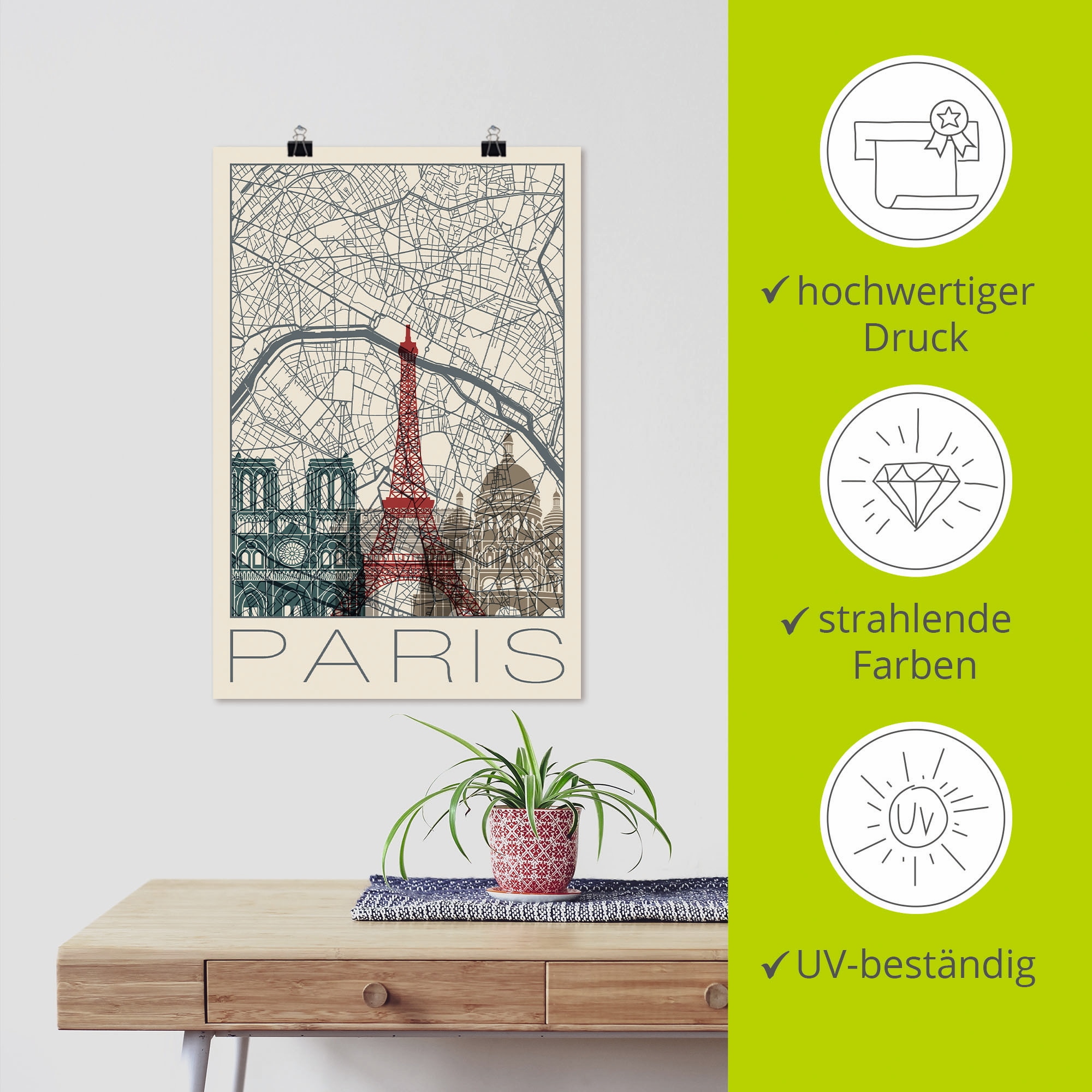 Artland Wandbild »Retro Karte Paris Frankreich und Skyline«, Frankreich, (1 St.), als Alubild, Outdoorbild, Poster in verschied. Grössen