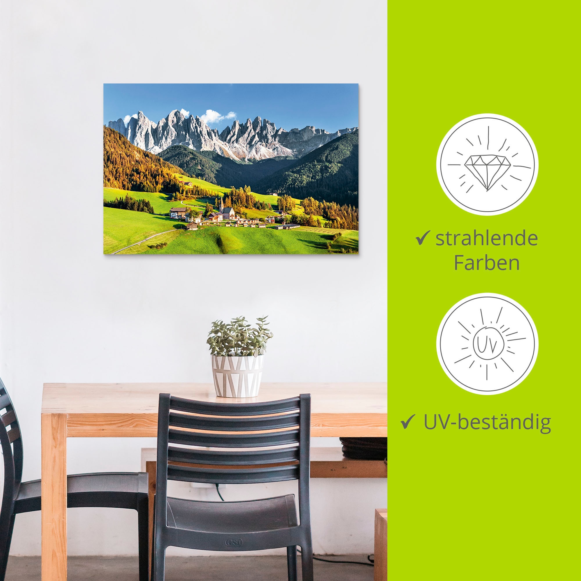 Artland Wandbild »Alpen Berge Santa Maddalena«, Berge & Alpenbilder, (1 St.), als Alubild, Outdoorbild, Leinwandbild, Poster in verschied. Grössen