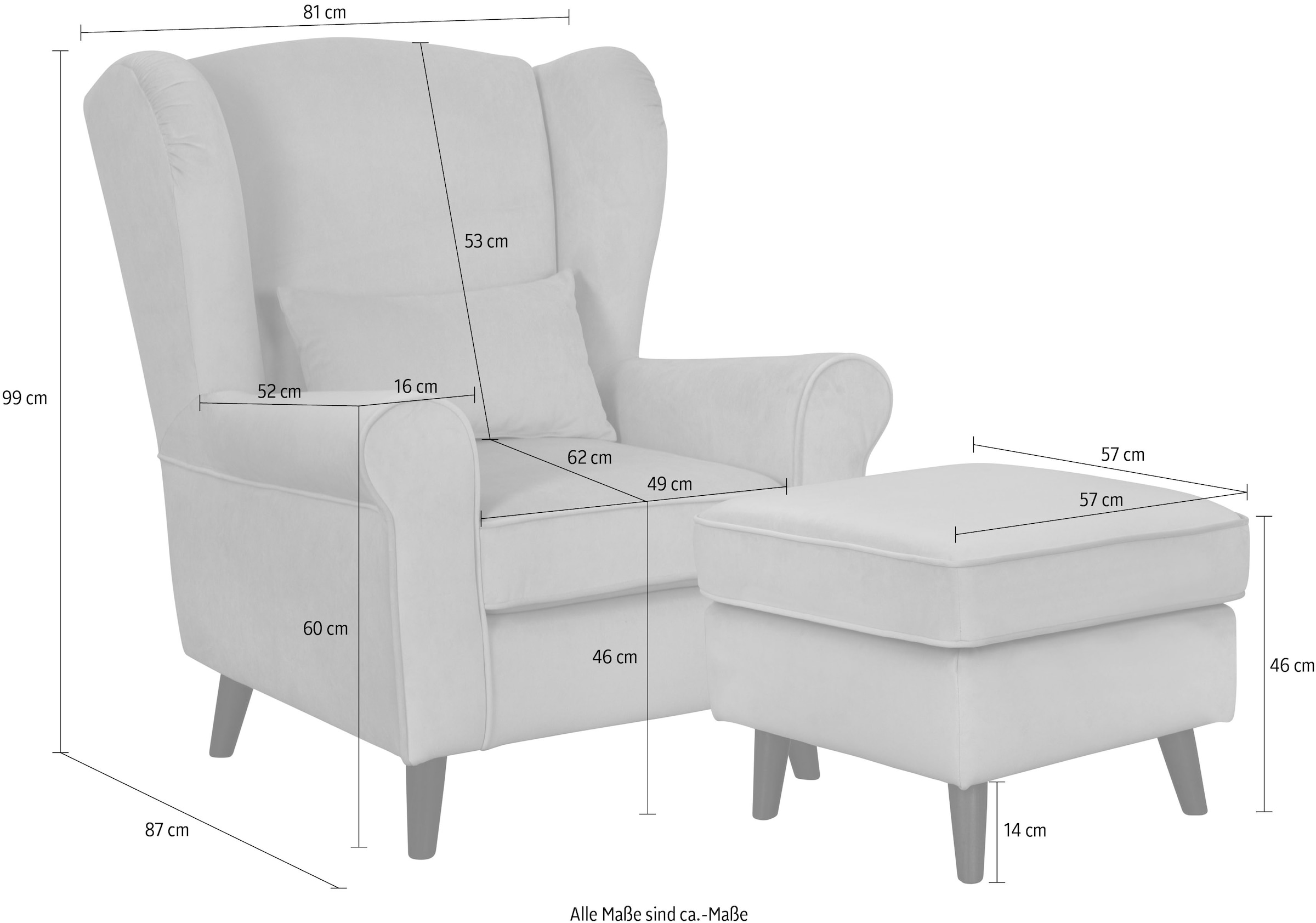 Home affaire Sessel »Ohrensessel CHISTELLE, wahlweise mit Polsterhocker«, mit Wellenunterfederung, Masse: B/T/H: 81/87/99 cm