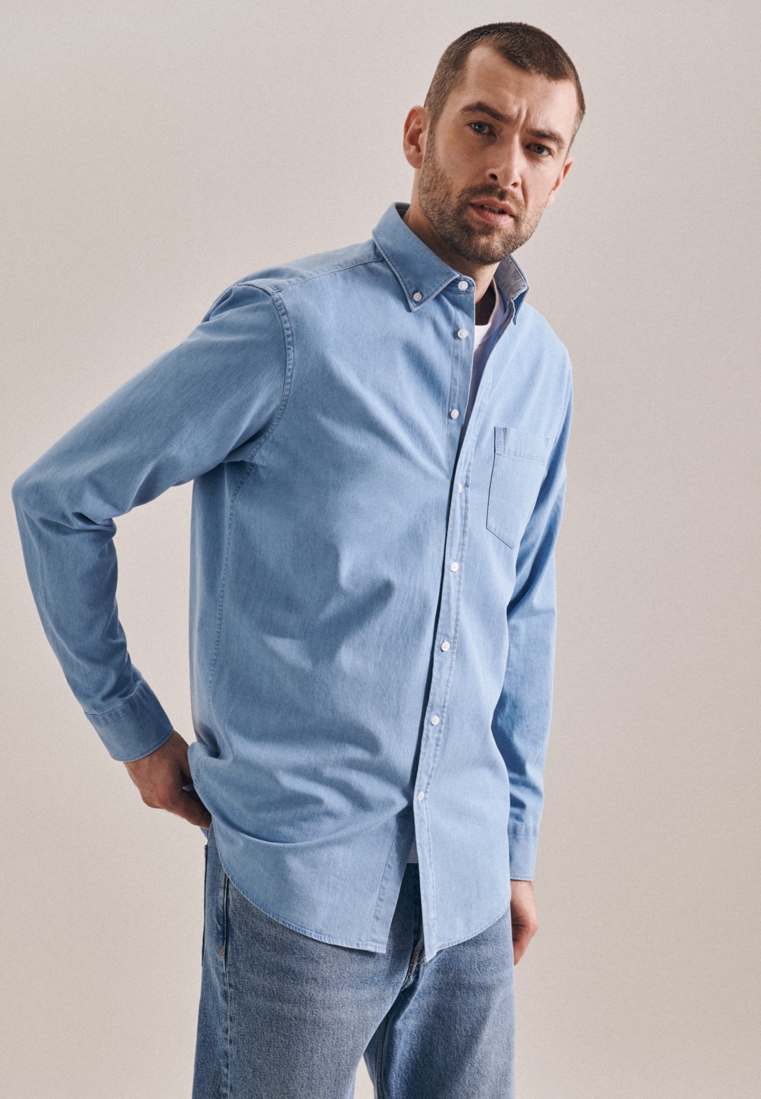 seidensticker Jeanshemd »Regular« Regular Langarm Button-Down-Kragen Uni