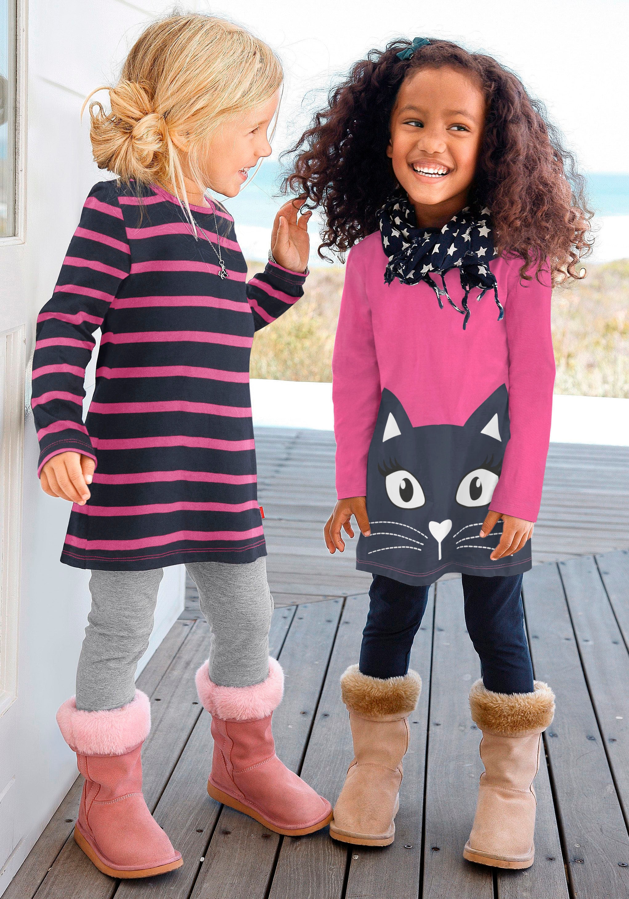 KIDSWORLD Longshirt »für kleine Mädchen«, (2 tlg., 2er-Pack), mit grossem Print und schönen Streifen