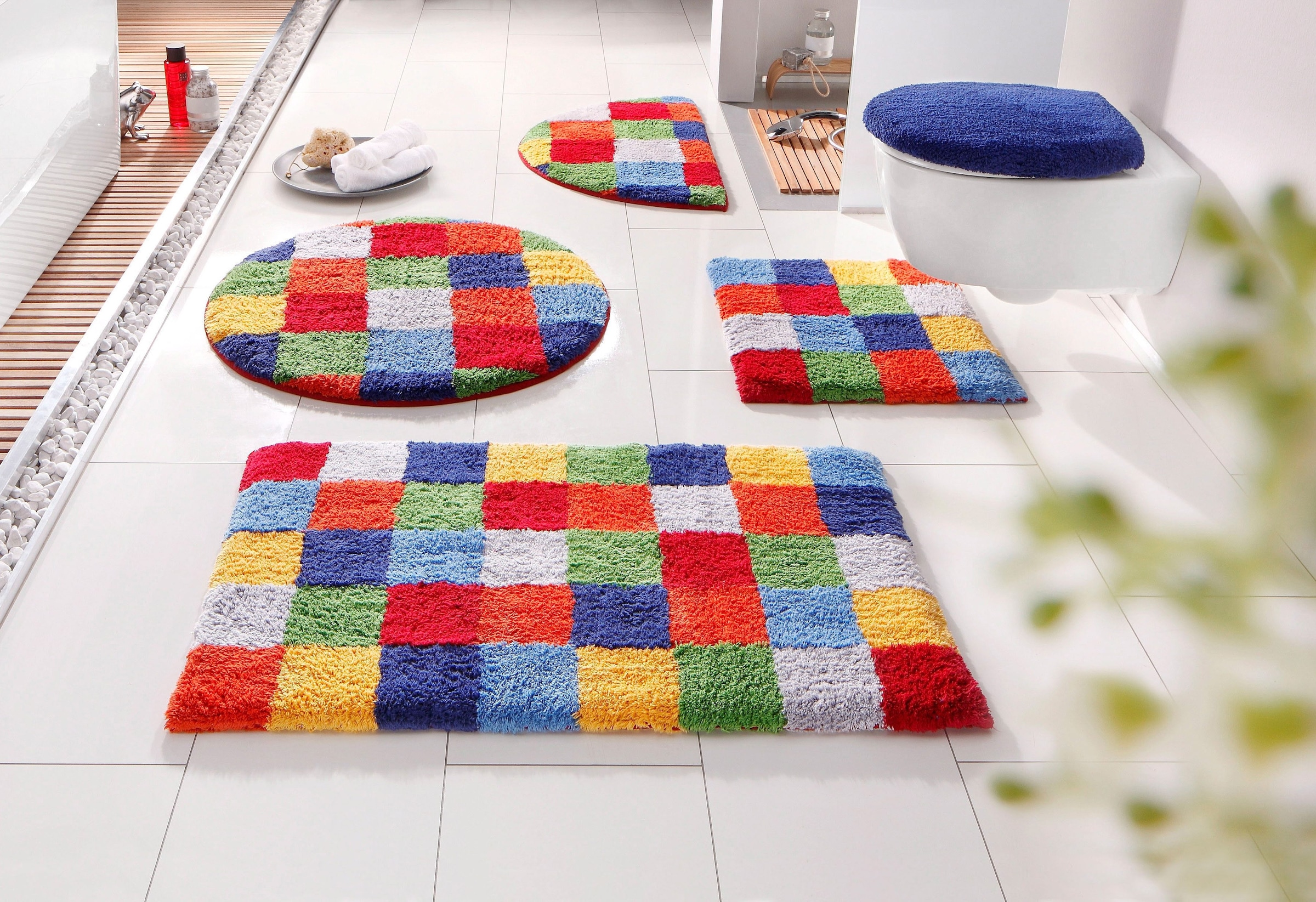 my home Badematte »Kira, Badvorleger, Badezimmer Teppich, Kästchen«, beidseitig nutzbar-fussbodenheizungsgeeignet-strapazierfähig, bunt, Badteppich, Badematten auch als 2 teiliges Set erhältlich