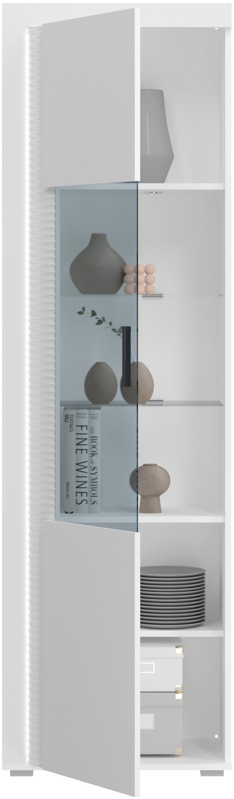 INOSIGN Vitrine »Viborg, Höhe 202cm, ink. vertikaler Frontbeleuchtung, li/re montierbar«, 1 Tür, 6 Fächer, 2 Glaseinlegeböden, 1 höhenverstellbarer Einlegeboden