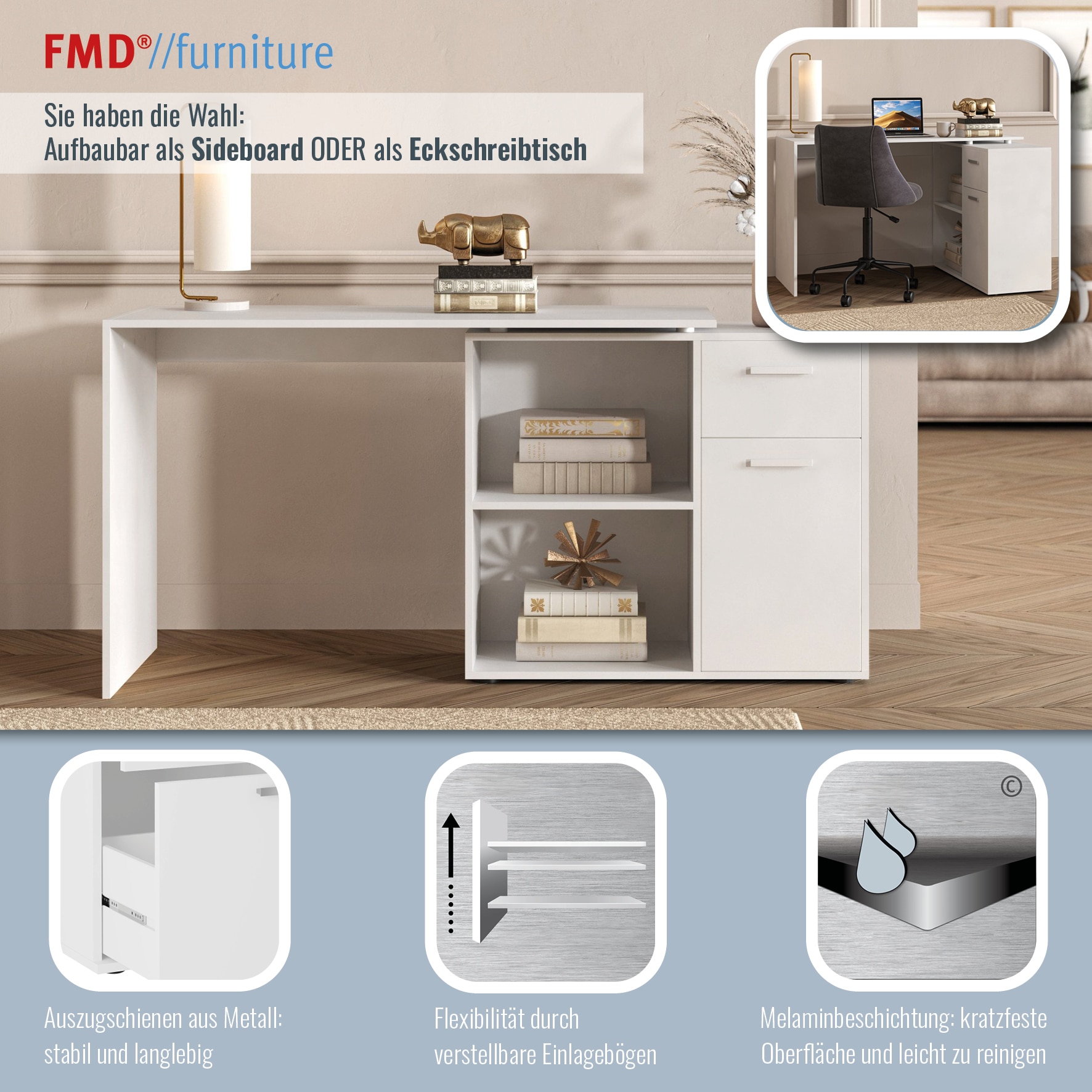 FMD Eckschreibtisch »AUGSBURG«, Schreibtisch/Sideboard m. Stauraum, beidseitig montierb., 117/148 cm
