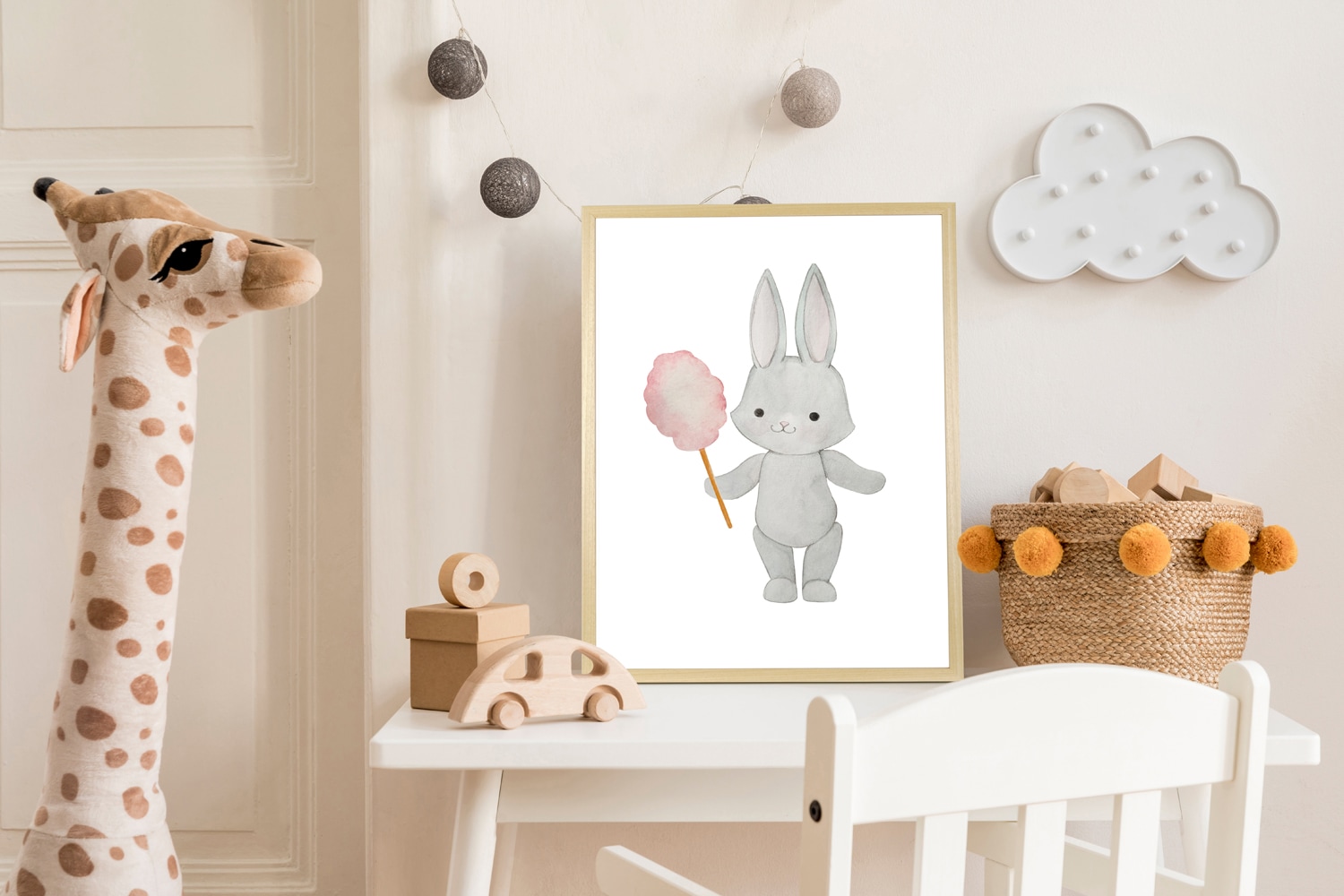 queence Bild mit Rahmen "Hase mit Zuckerwatte" Fantasy Haustiere Süssigkeiten Tiere 1 Stk. tlg. HD Premium Posterdruck mit Echtholzrahmen
