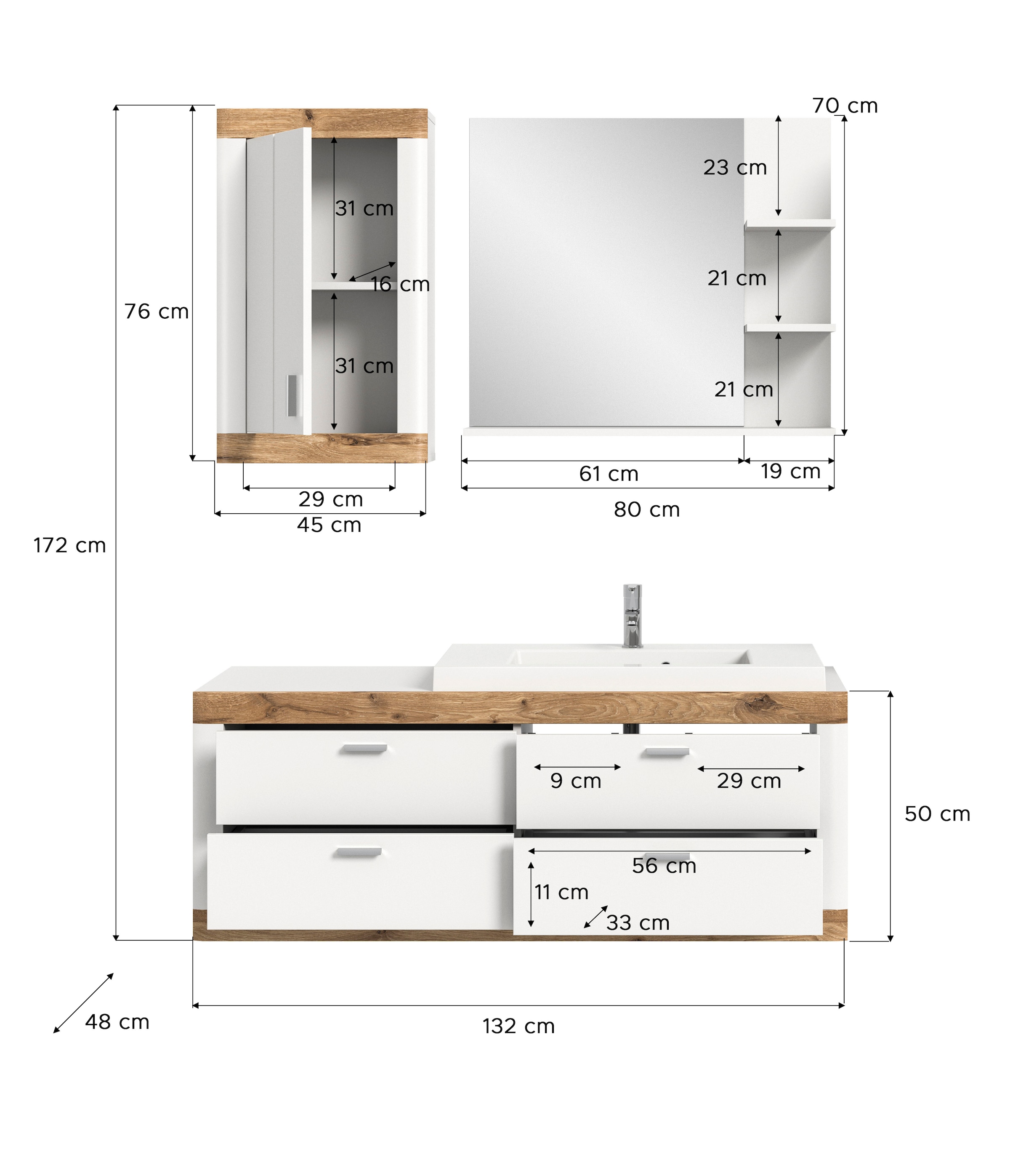 Home affaire Badmöbel-Set »Landsby«, (Set, 3 St.), Hängeschrank, Waschbeckenunterschrank inkl. Waschbecken, Spiegel