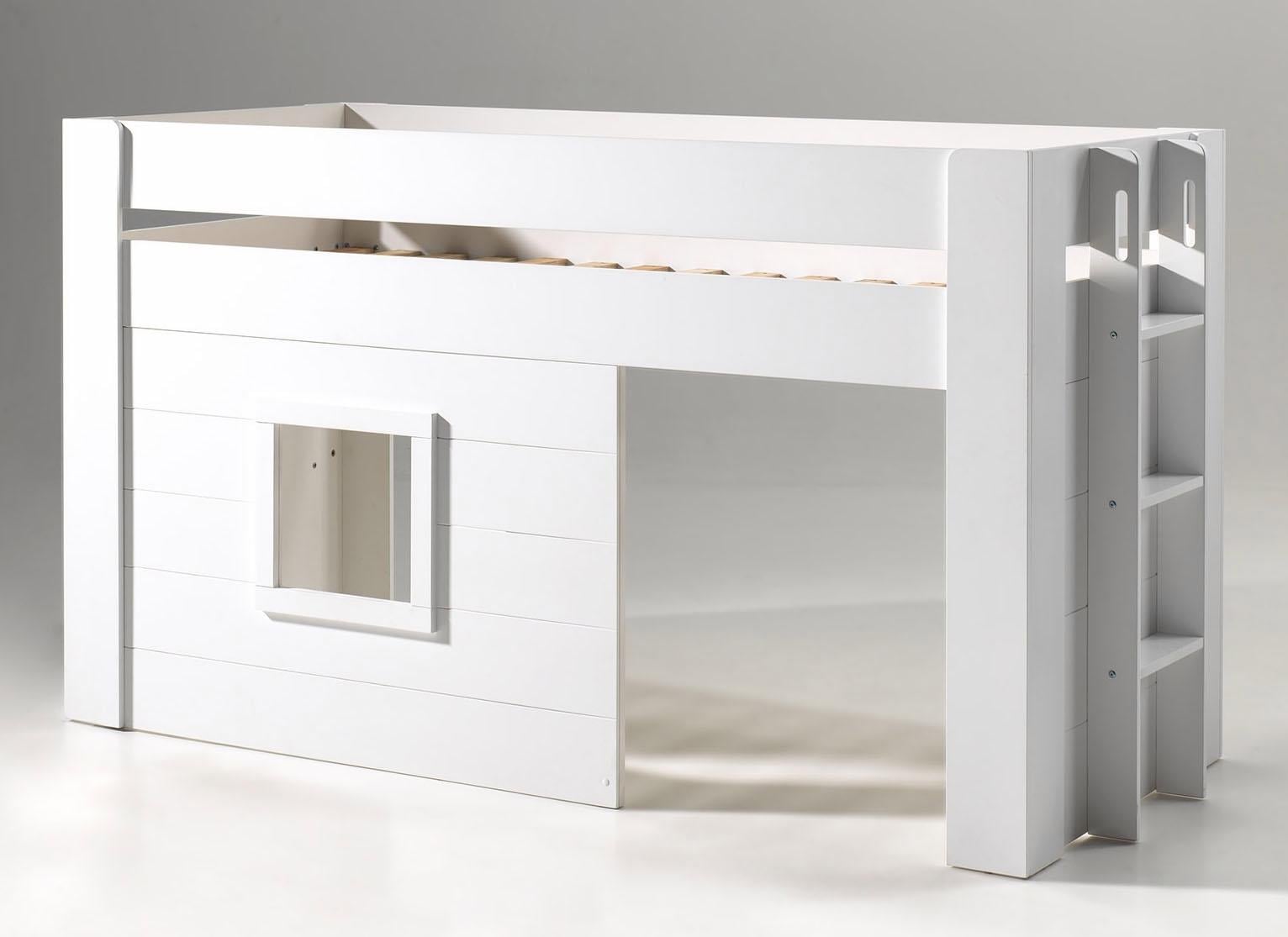 Vipack Hochbett »Noah, ein tolles Budenbett mit hoher Standfestigkeit, weiss lackiert«, (B/H/Tca.214x120x96cm, Leiter rechts/links möglich, Absturzschutz oben), inkl. Rolllattenrost, wahlweise mit und ohne Textilvorhang