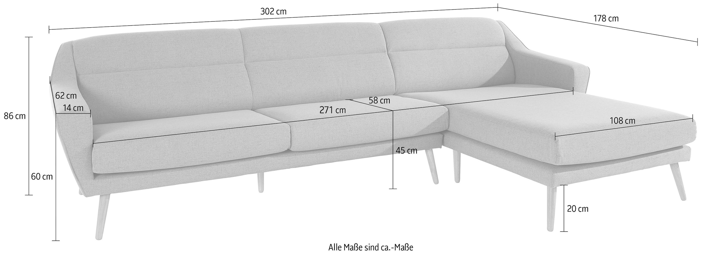 andas Ecksofa »Bille L-Form«, mit Naht im Rückenkissen und Beinen aus Eichenholz