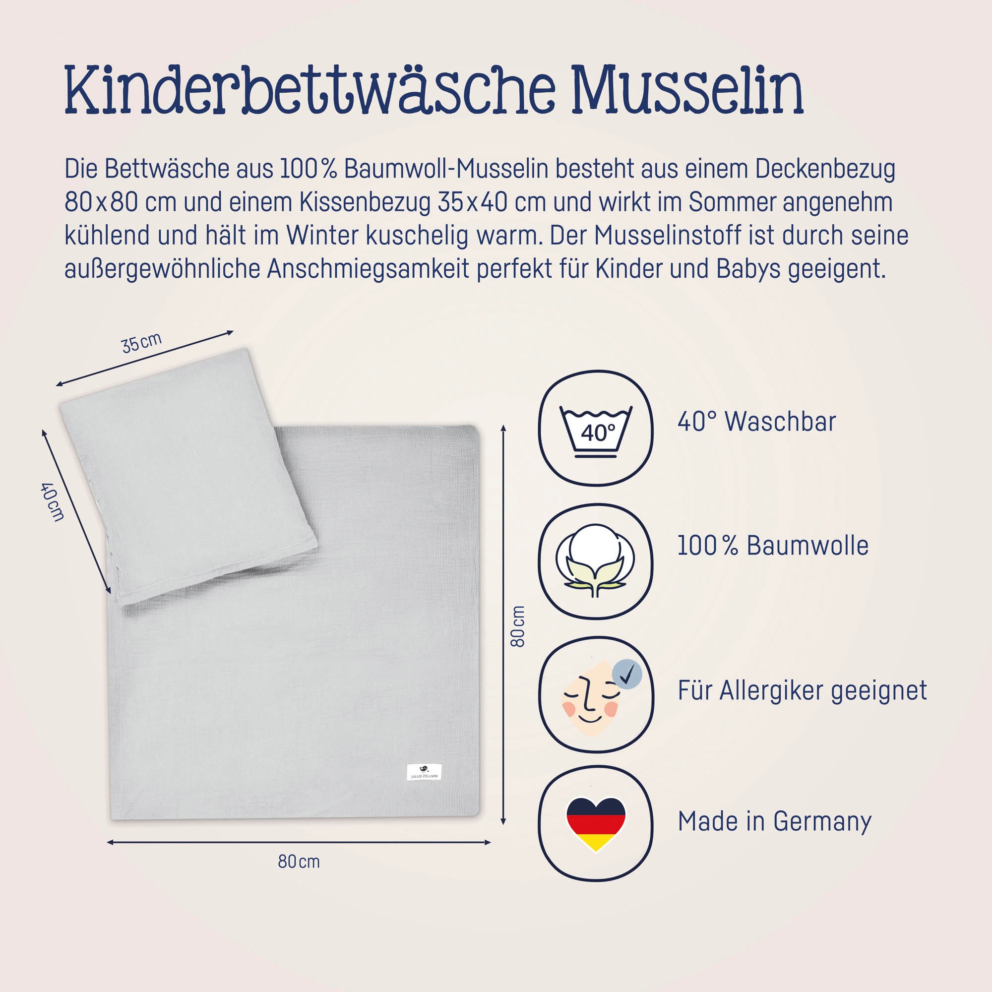 Julius Zöllner Kinderbettwäsche »Baby- und Kinderbettwäsche aus 100% Musselin«, erhältlich in den Grössen 80x80+35x40cm und 100x135+40x60cm