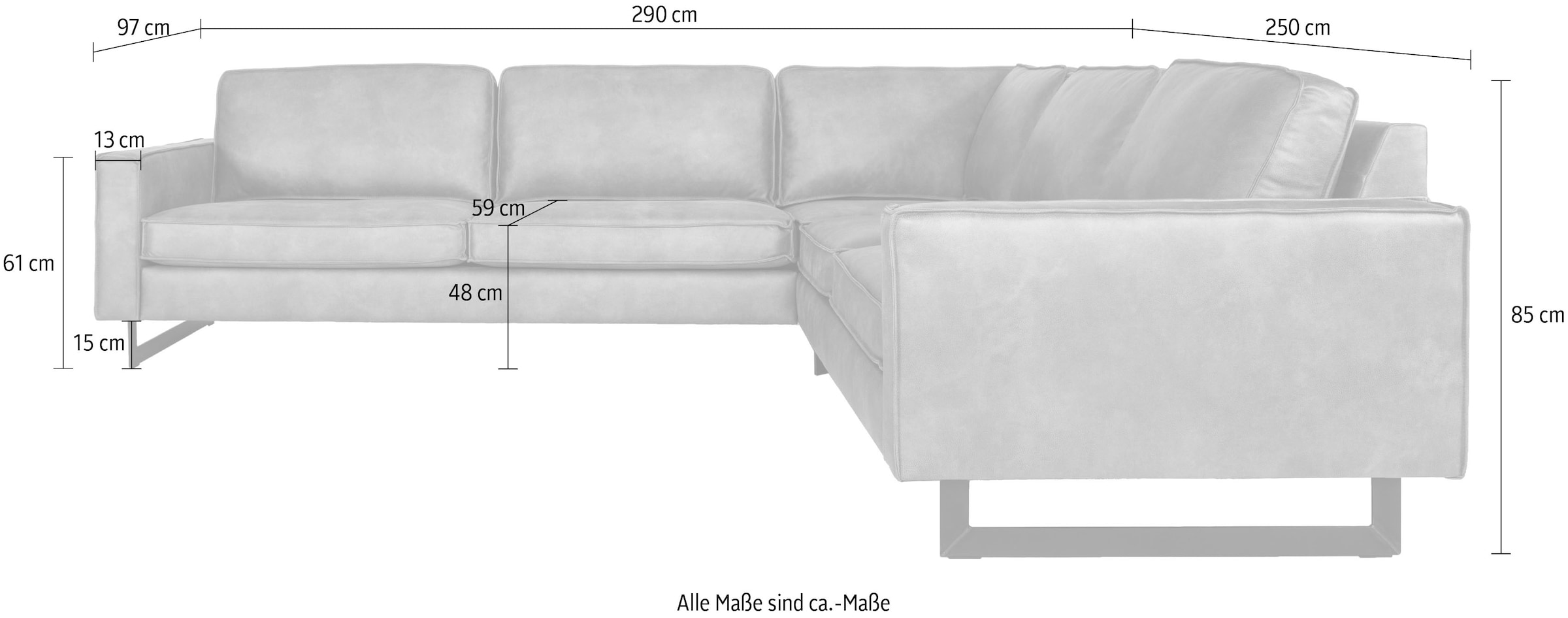 Places of Style Ecksofa »Pinto, XXL, 250/290 cm, langer Schenkel, Ottomane«, Cord, Chenille, Lederoptik, mit Keder, Metallfüsse, Wellenunterfederung
