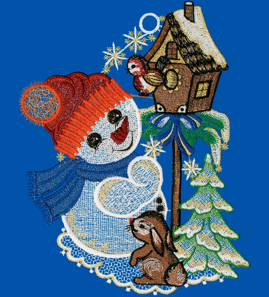 W. Reuter & Sohn - Plauener Spitze® Fensterbild »Süsser Schneemann«, Made in Germany