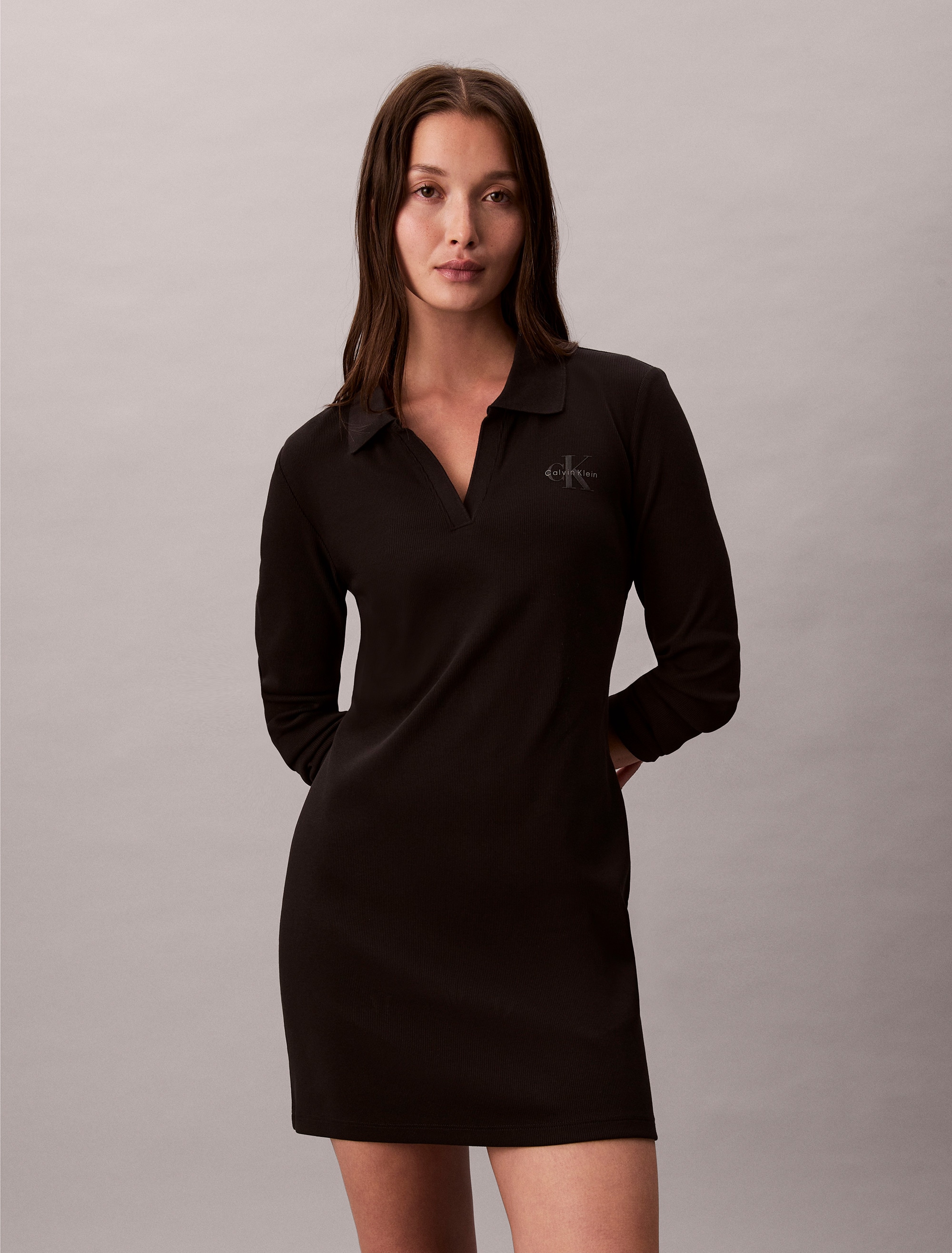 Calvin Klein Jeans Minikleid »LS MONOLOGO RIB POLO MINI DRESS« Ohne Taschen Polokragen, V-Ausschnitt, figurbetont
