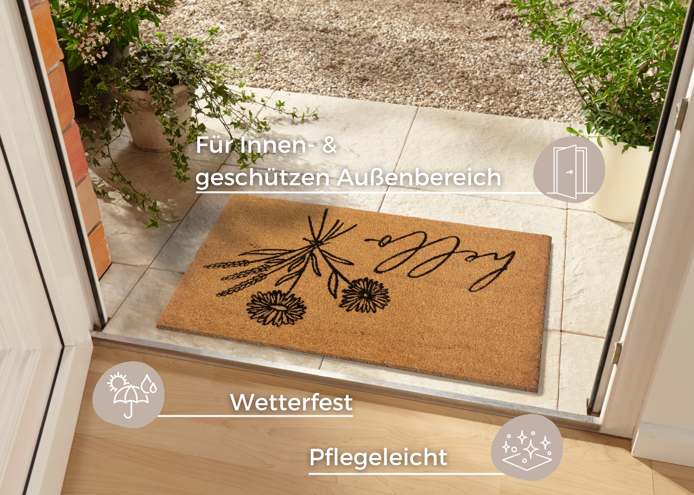HANSE Home Fussmatte »Hello & Flowers, Türmatte«, rechteckig, 15 mm Höhe, Kokos, Schmutzfangmatte, Outdoor, Rutschfest, Innen, Kokosmatte, Flur