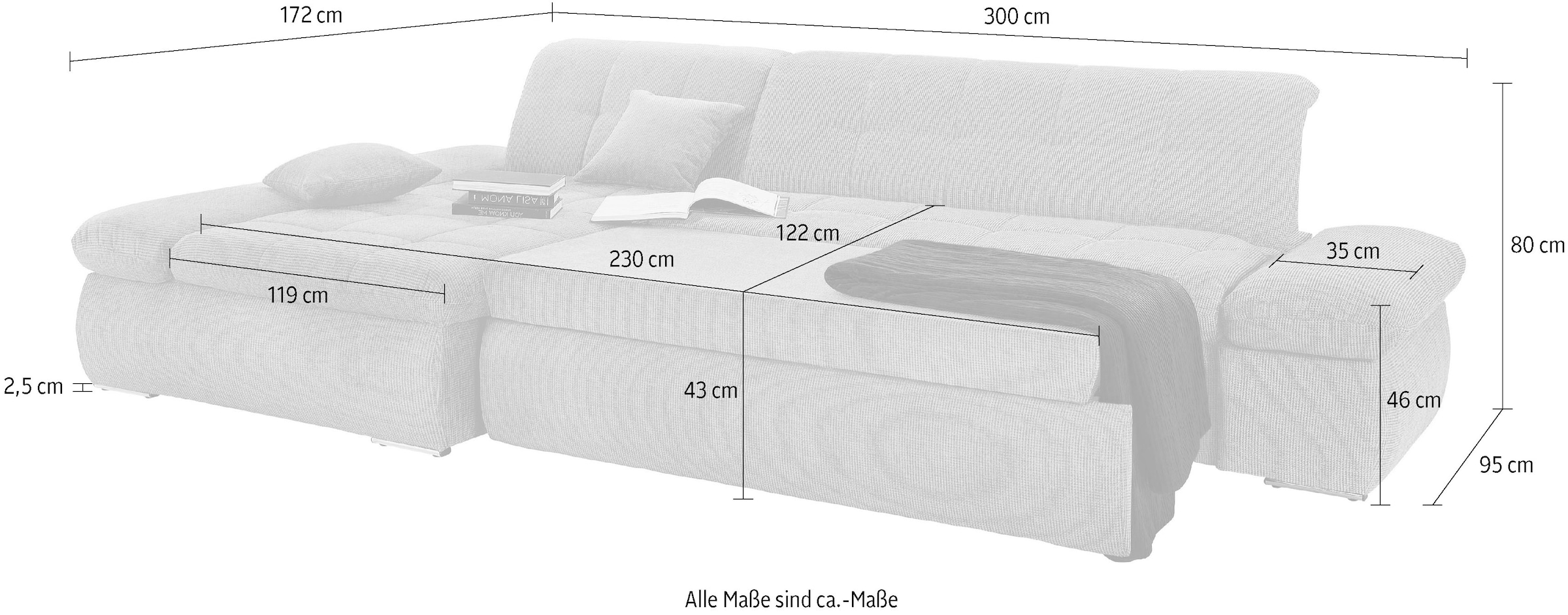 DOMO collection Ecksofa »NMoric XXL, B/T/H: 300/172/80cm, Revamierenabschluss L-Form«, wahlweise mit Bettfunktion und Armlehnverstel,lung