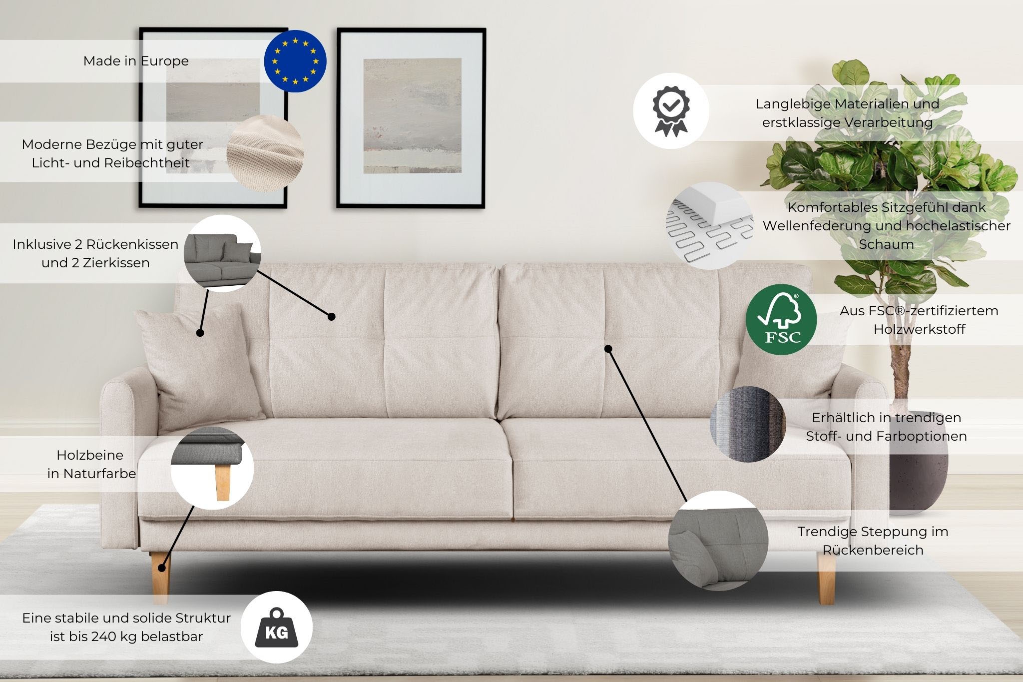 Home affaire 2-Sitzer »TRIPLO mit Wellenunterfederung, Masse B/T/H: 165/100/89 cm«, Sofa mit Steppung im Rückenbereich, incl. Rückenkissen und Zierkissen