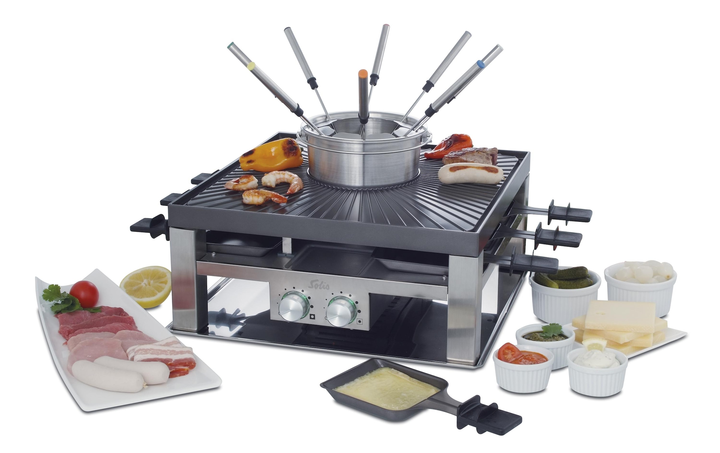 SOLIS OF SWITZERLAND Raclette und Fondue-Set »Grill 3 in 1«, 8 St. Raclettepfännchen, 1200 W