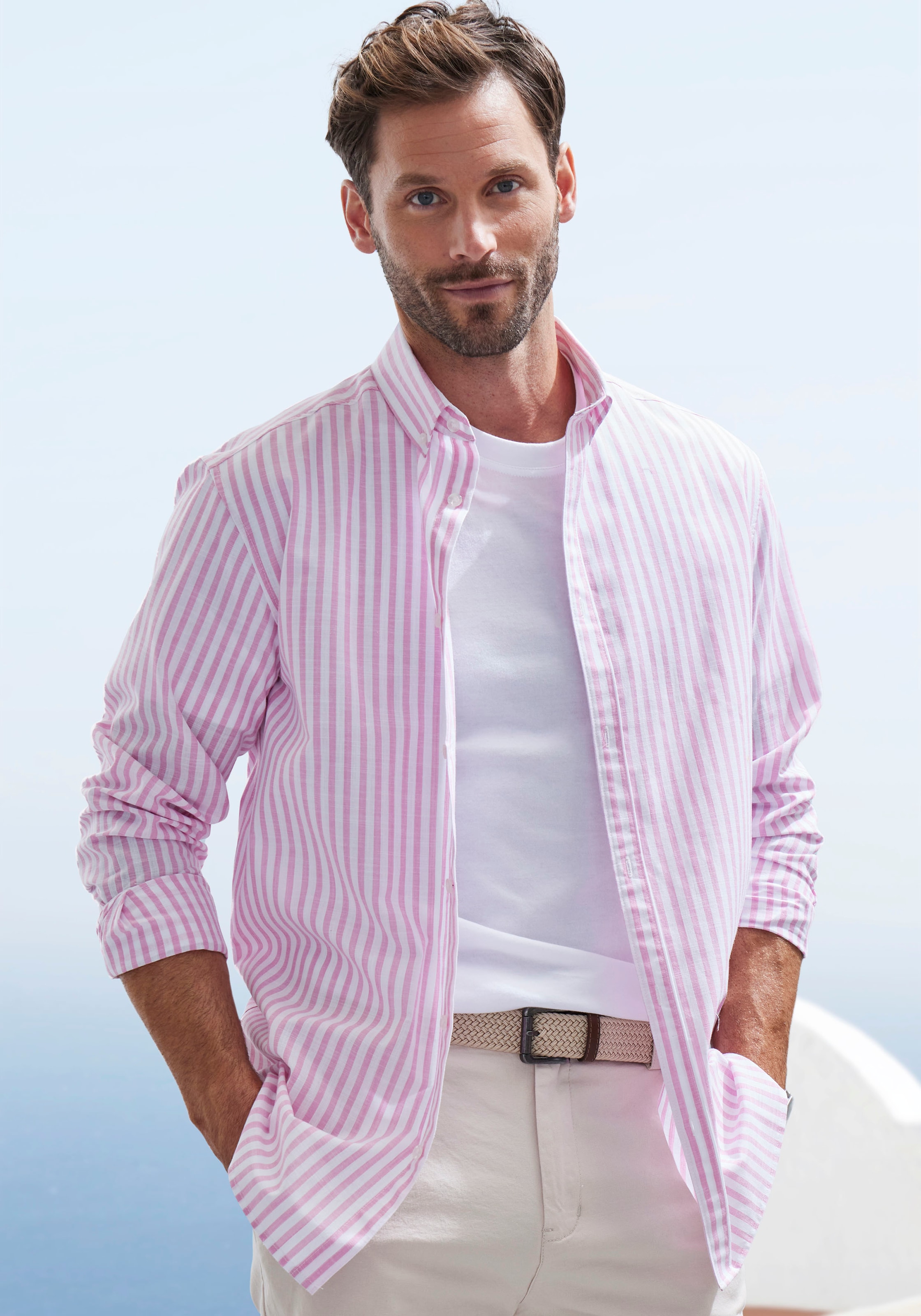 John Devin Langarmhemd ", Streifenhemd langarm mit Button-down-Kragen" aus leichter Baumwoll-Webware, Regular-fit