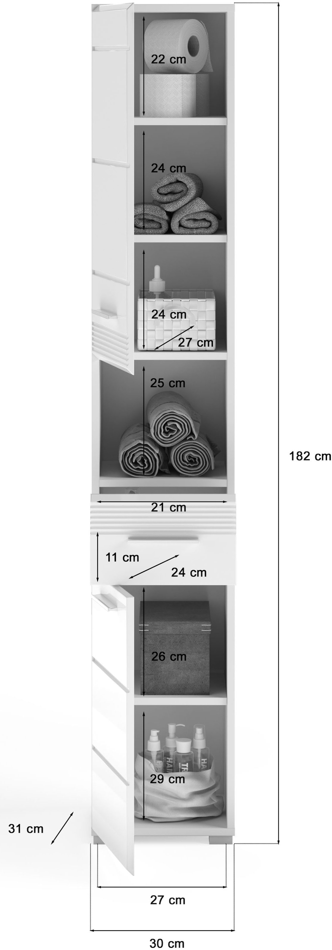 INOSIGN Hochschrank »Malmö, Breite 30 cm, 2 Türen, 1 Schubkasten, 1 offenes Fach, MDF-Front«, in verschiedenen Farben erhältlich, Badmöbel, Badschrank, Schrank, Bad