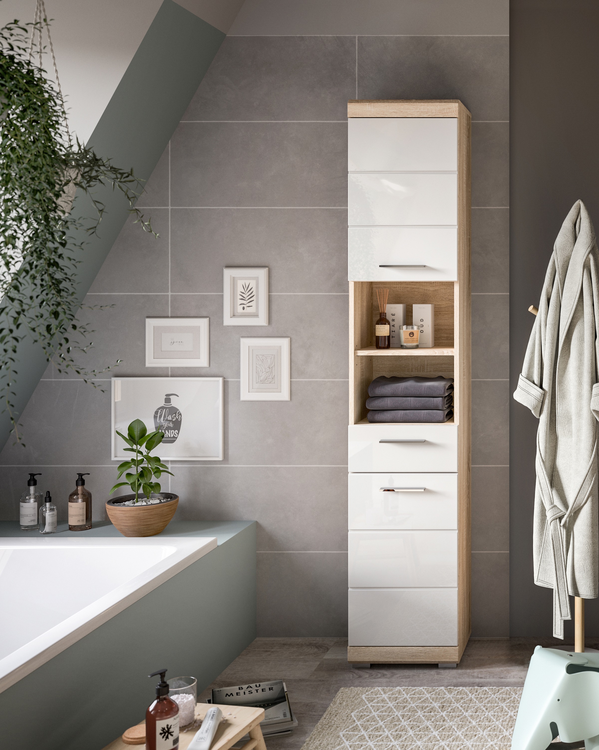 INOSIGN Hochschrank »Siena, Breite 37cm, 2 Tür, 1 Schubkasten, 2 offene Fächer, MDF-Front«, (1 St.), in verschiedenen Farben erhältlich, Badmöbel, Badschrank, Schrank, Bad