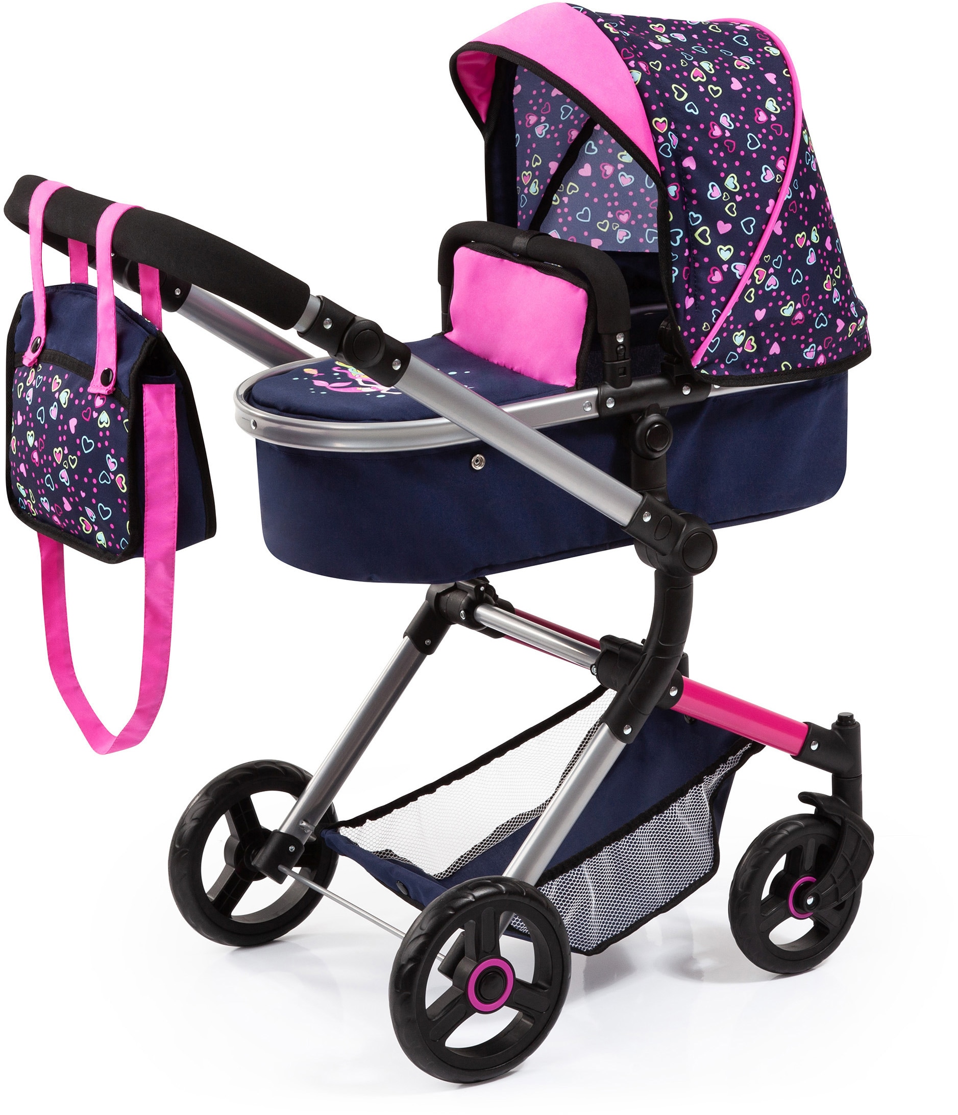 Bayer Kombi-Puppenwagen »Vario, Blau/Pink/Herzchen«, inkl. Wickeltasche