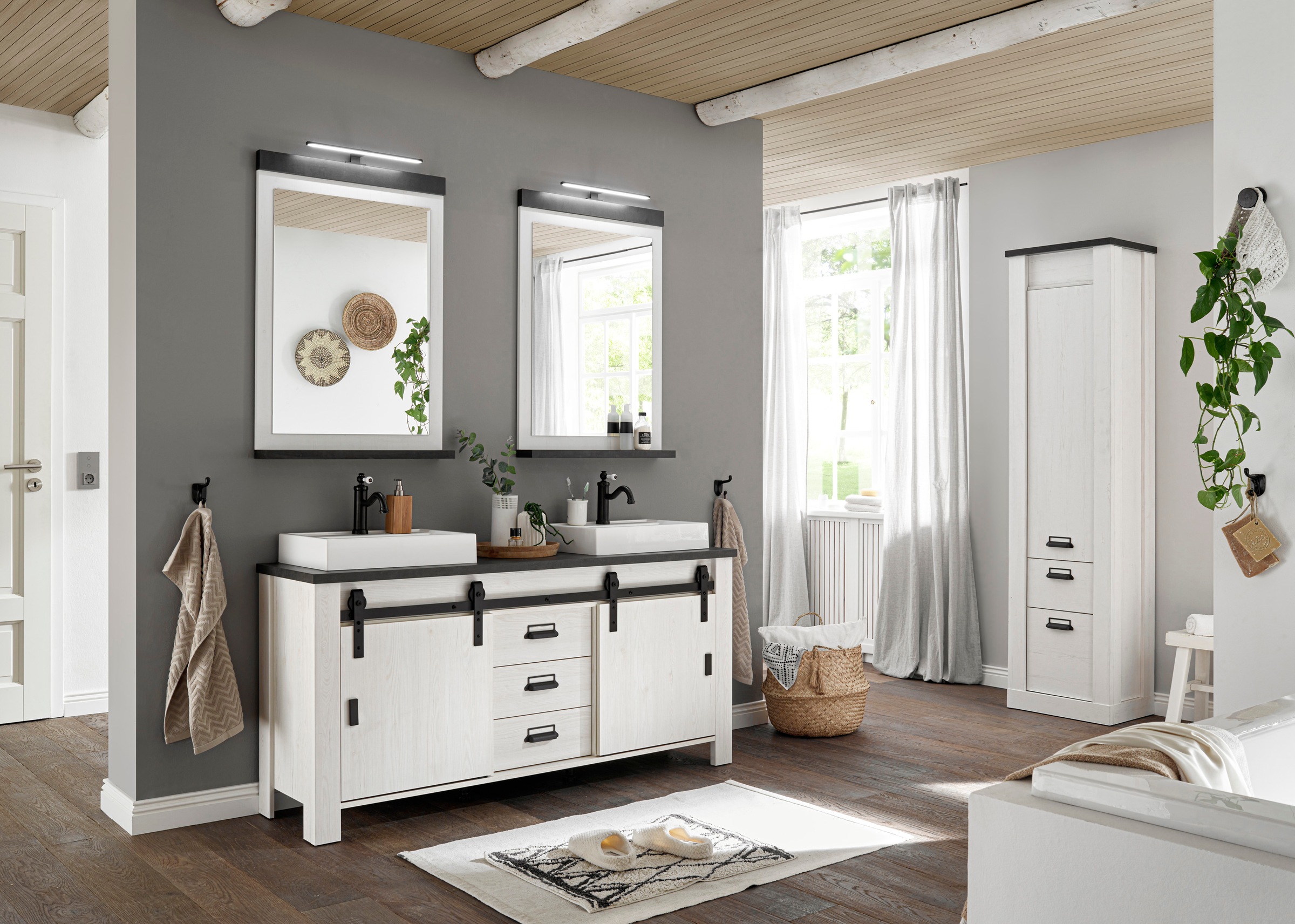 Home affaire Waschtisch »SHERWOOD«, Holz, Scheunentorbeschlag und Apothekergriffe aus Metall, Höhe 91 cm
