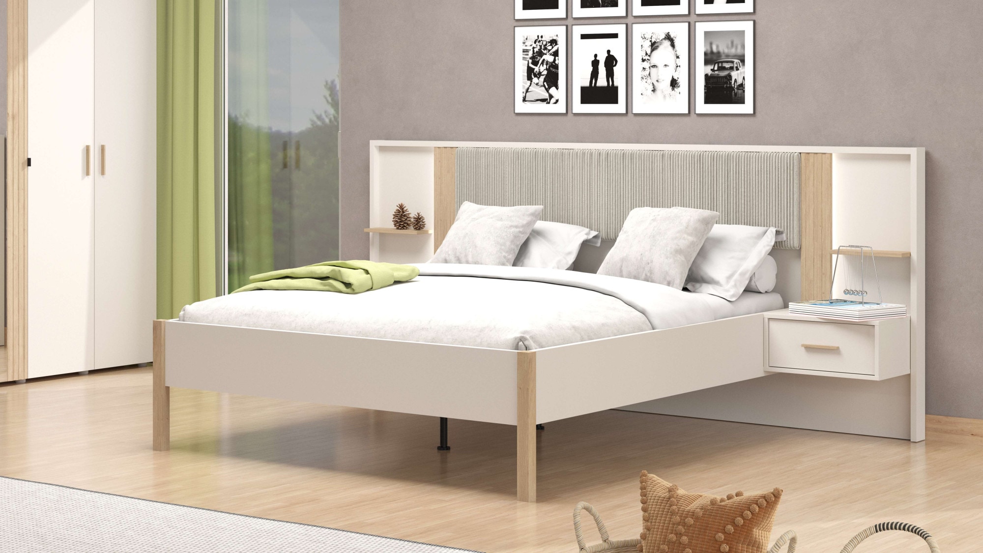 Home affaire Bett »Belfort Bettanlage, mit gepolstertem Kopfteil, weicher Cordstoff«, (Set, 3 tlg., Bett und 2 Wandpaneele mit Nachtkommoden), Liegefläche 160x200cm, FSC®-zertifizierter Holzwerkstoff