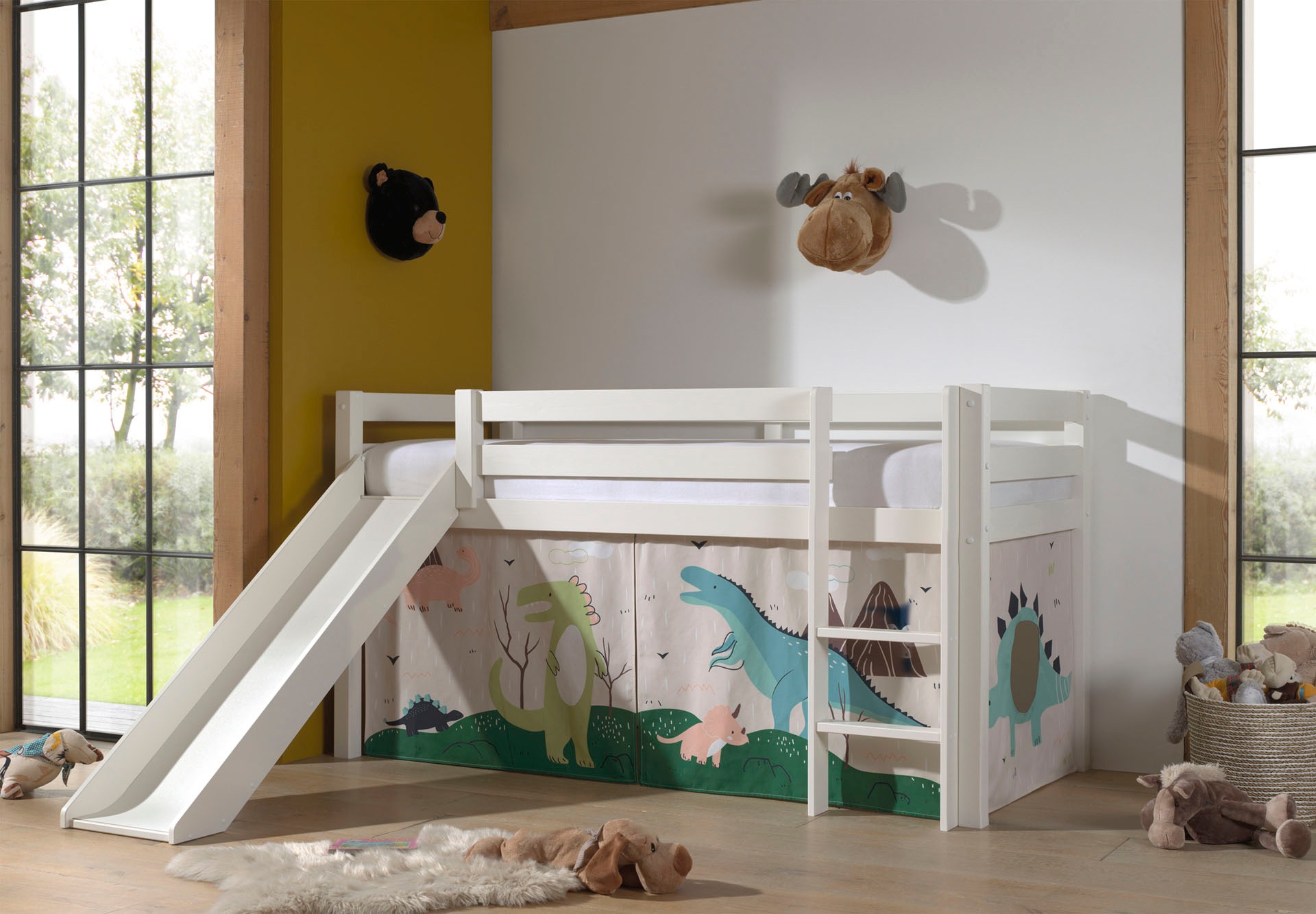 Vipack pino lit mezzanine avec toboggan + rideau pour lit en 4 parties dino