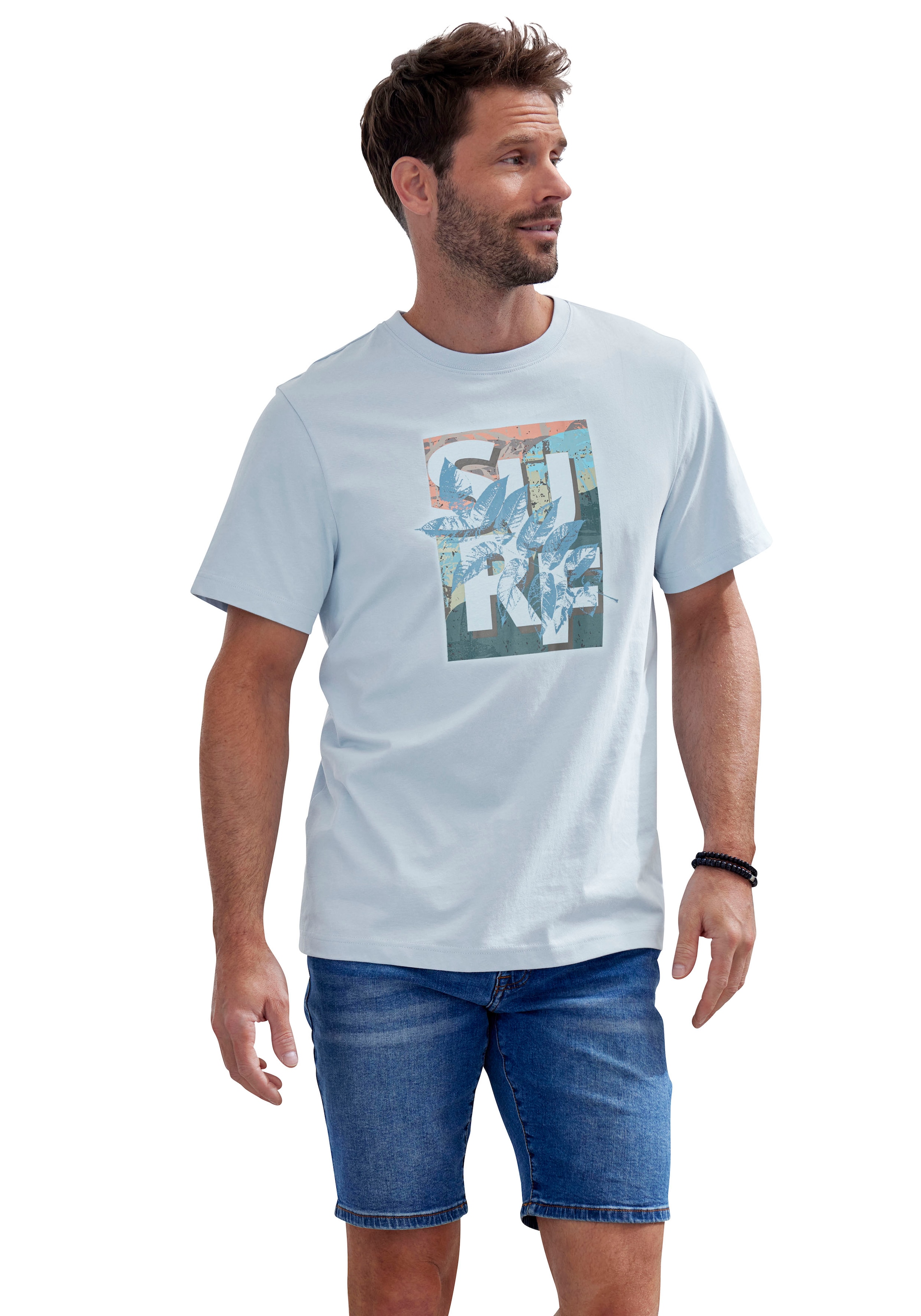 John Devin T-Shirt, Rundhalsshirt mit Surf -Aufdruck aus reiner Baumwolle