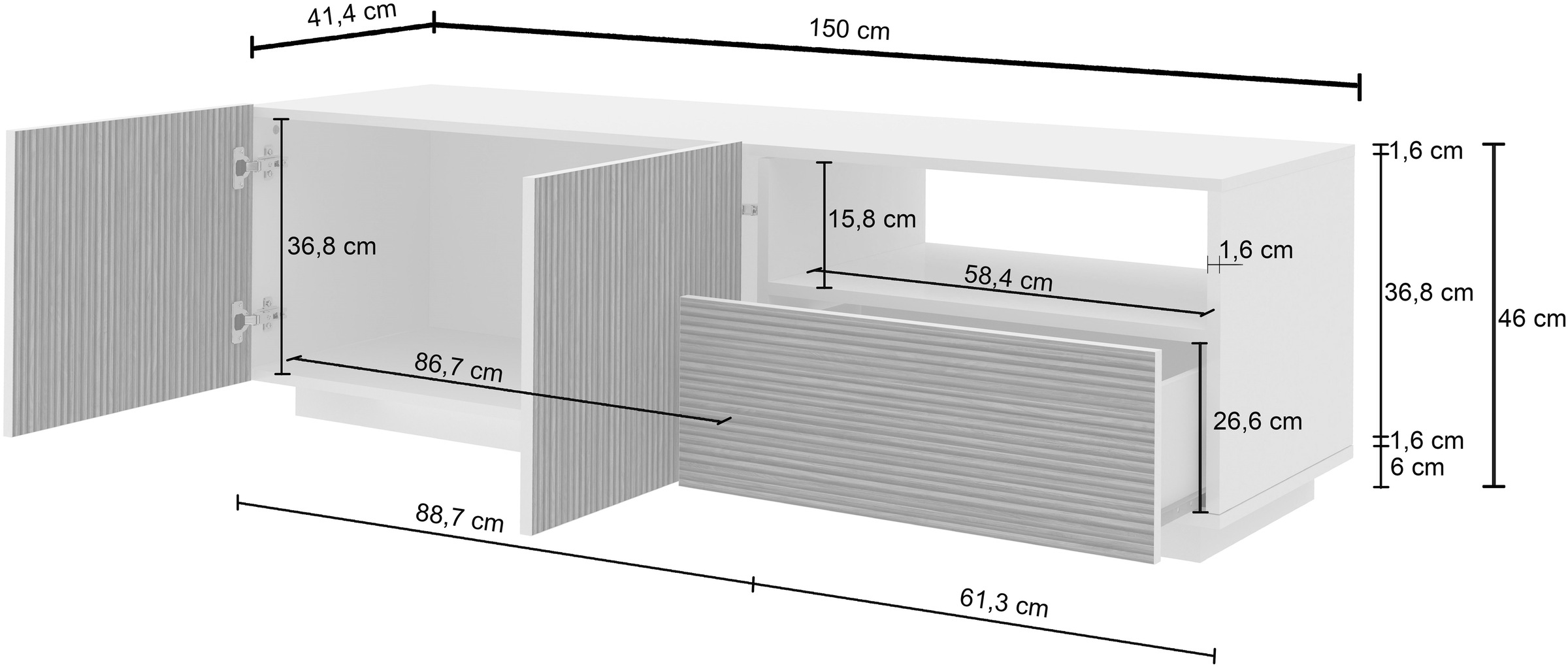 INOSIGN Lowboard »Vega,Lowboard,TV Board,TV Schrank,150 cm«, mit 2 Türen und 1 Schublade,Fronten mit Rillen-Optik