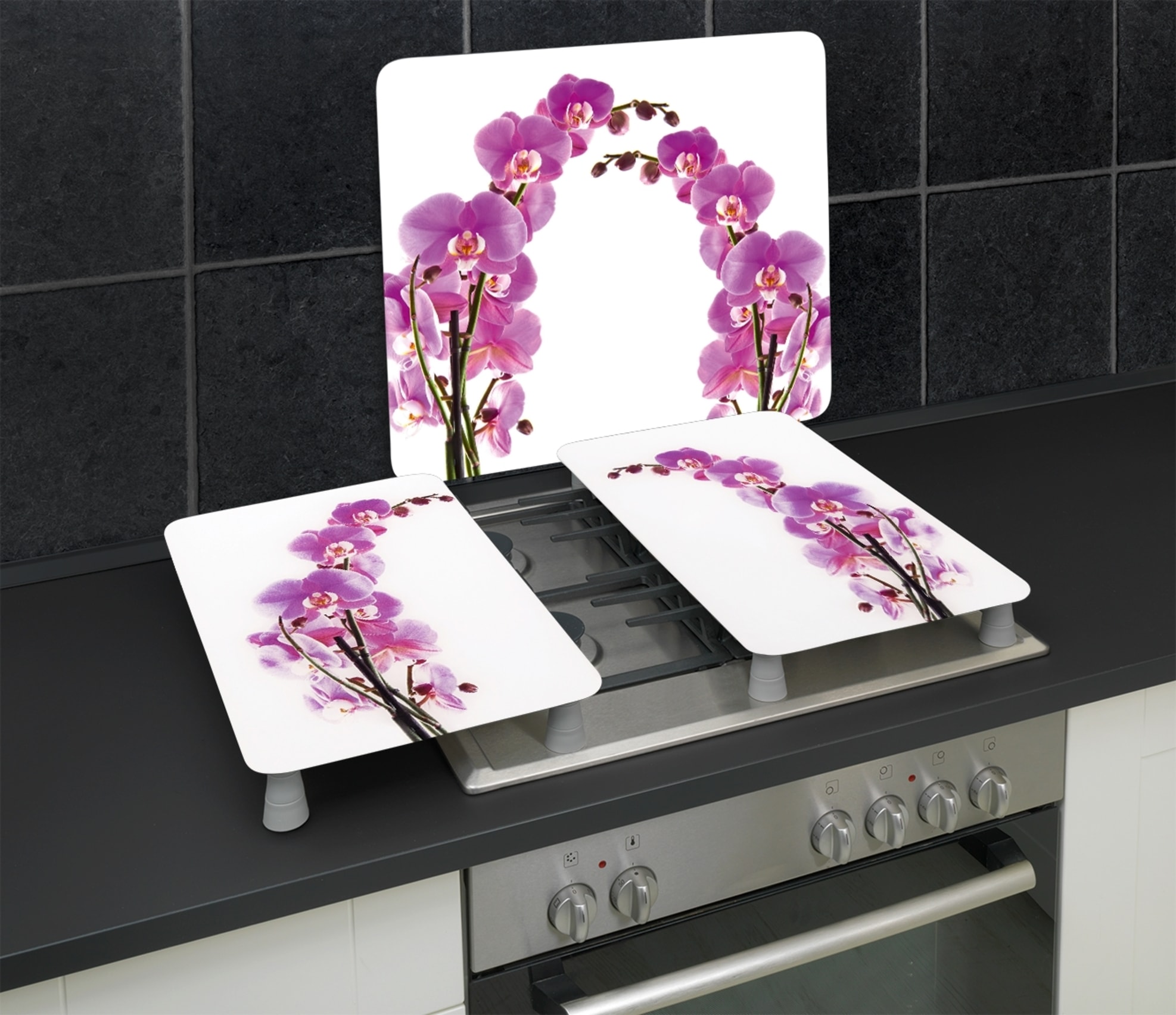 WENKO Herd-Abdeckplatte »Universal Modell Orchideenblüte«, (Set, 2 tlg.), Herdabdeckung für alle Herdarten, kratzfest, mit rutschfesten Füssen