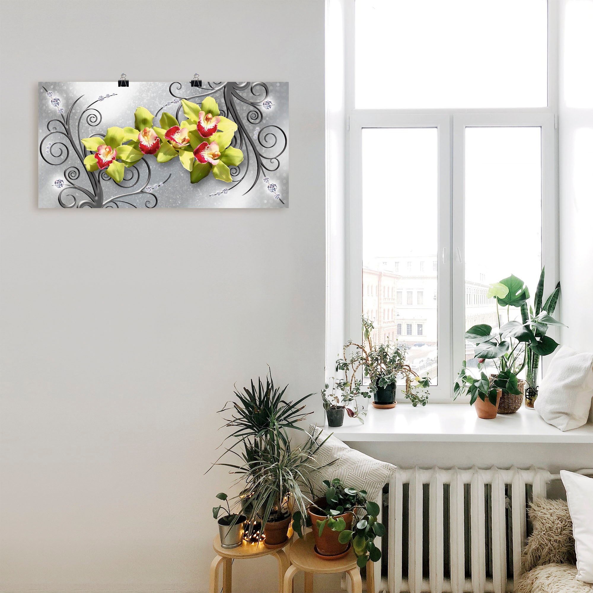 Artland Wandbild »Grüne Orchideen auf Ornamenten«, Blumenbilder, (1 St.), als Alubild, Outdoorbild, Leinwandbild, Poster, Wandaufkleber