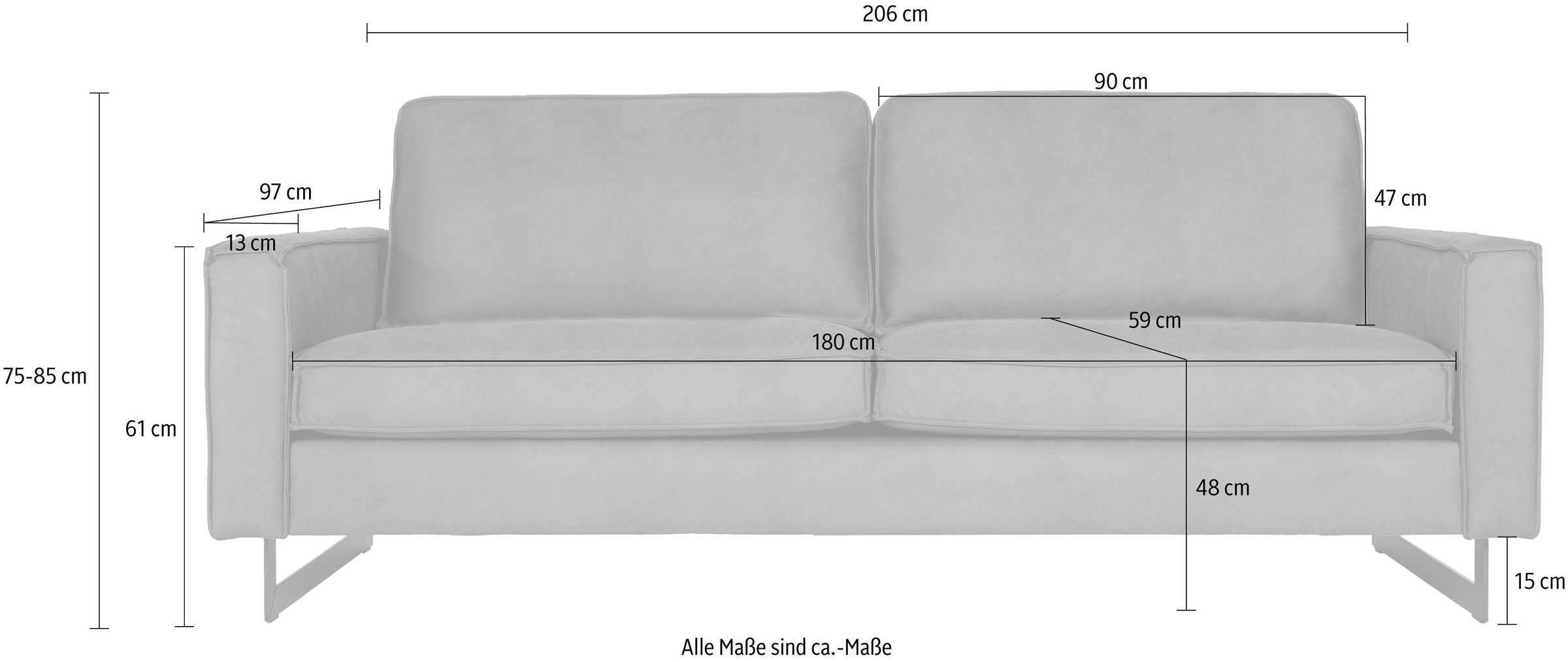 Places of Style 3-Sitzer »Pinto, 206 cm, Cord, Chenille, Lederoptik«, mit Keder, schwarze Metallfüsse, Wellenunterfederung