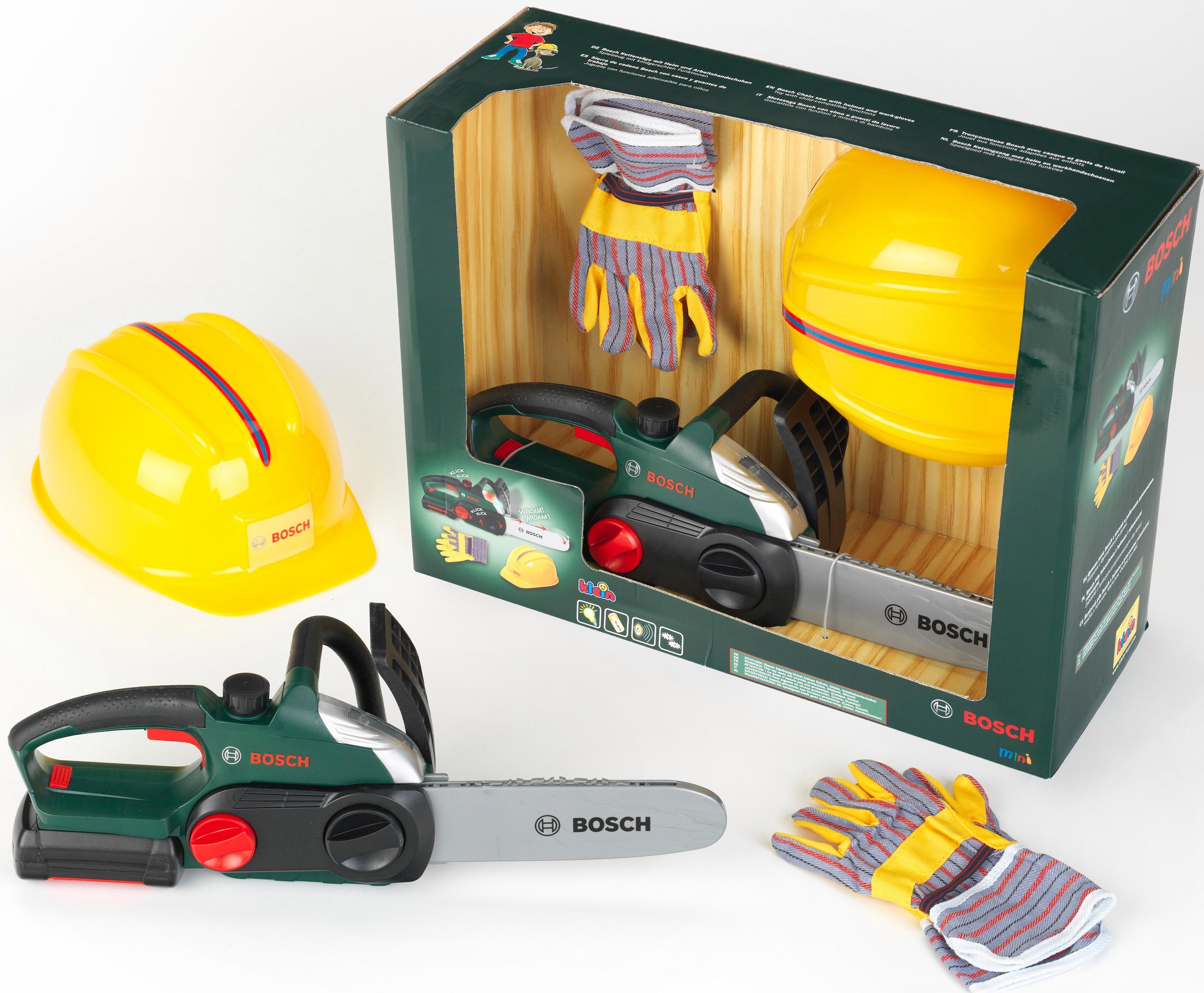 Klein Spielwerkzeug »Bosch Kettensäge mit Helm und Handschuhe«, (Set)