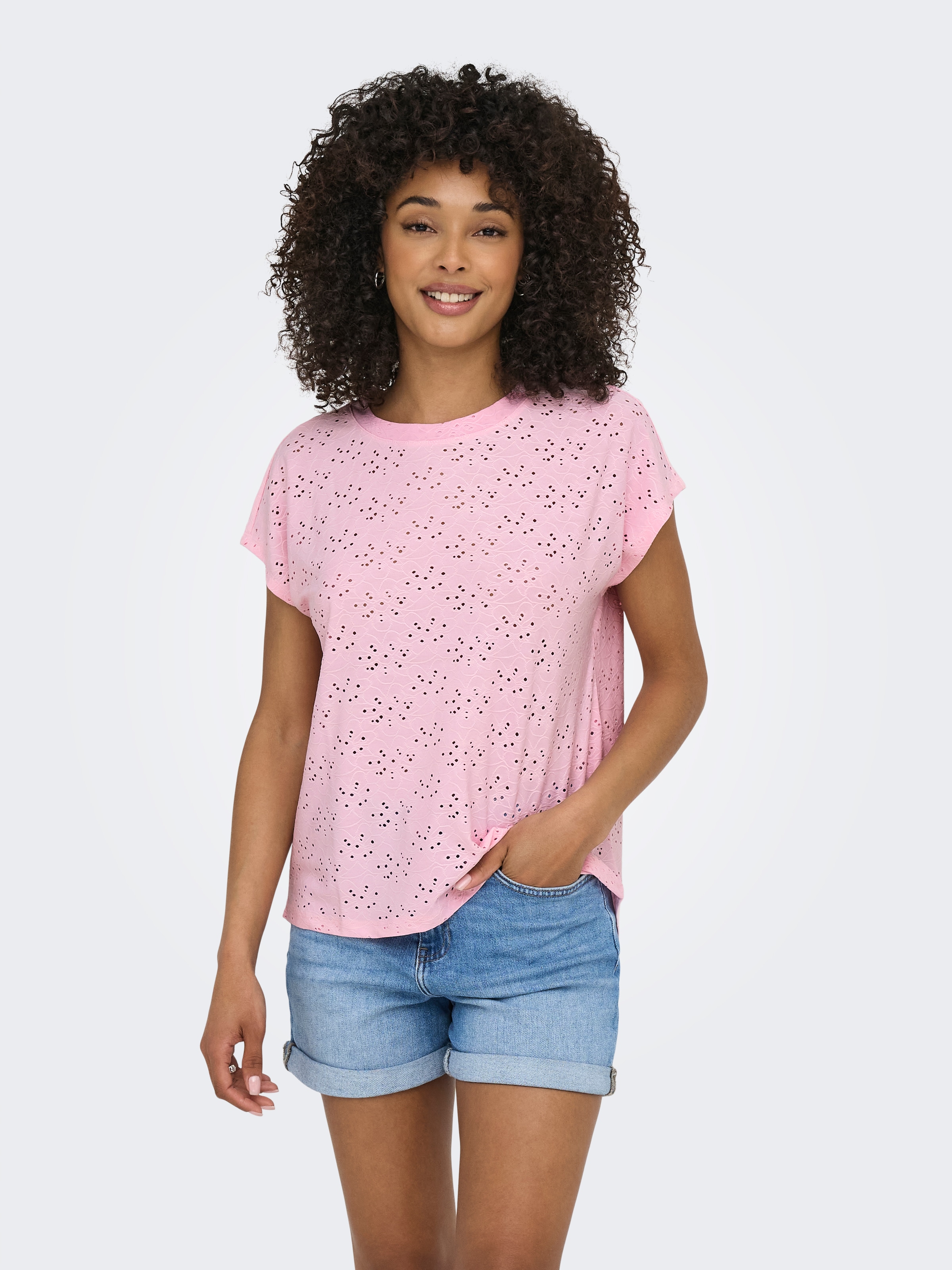 ONLY Kurzarmshirt »ONLSMILLA LIFE S/S TOP JRS NOOS« regular fit, modisch, Single Jersey, Materialmix, Rundhals