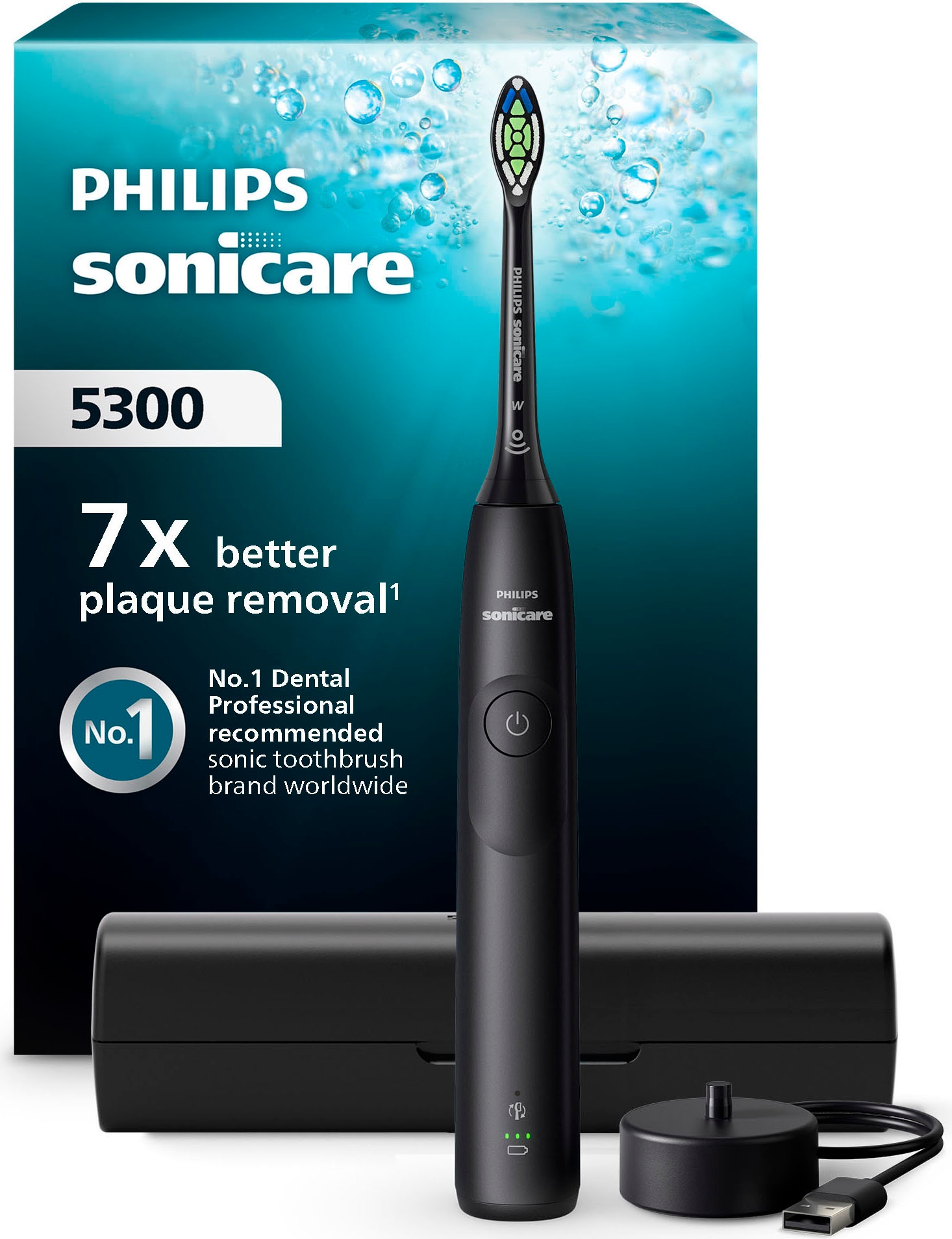 Philips Sonicare Elektrische Zahnbürste "Series 5300" 1 Stk. Aufsteckbürsten mit Andruckkontrolle, 2 Intensitätsstufen, inkl. Ladegerät, Reiseetui