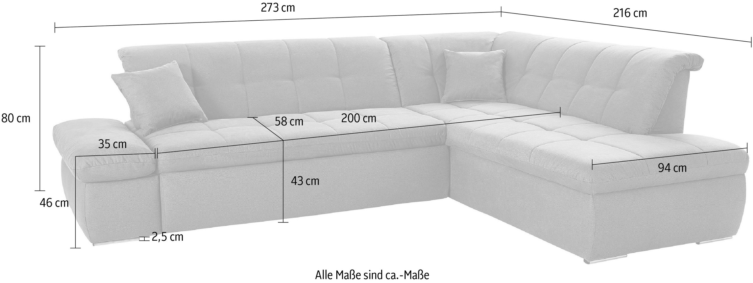 DOMO collection Ecksofa »NMoric incl. Zierkissen B/T/H: 273/216/80 cm L-Form«, Ottomanen-Abschluss, wahlweise mit Bettfunktion und Armlehnverstellung