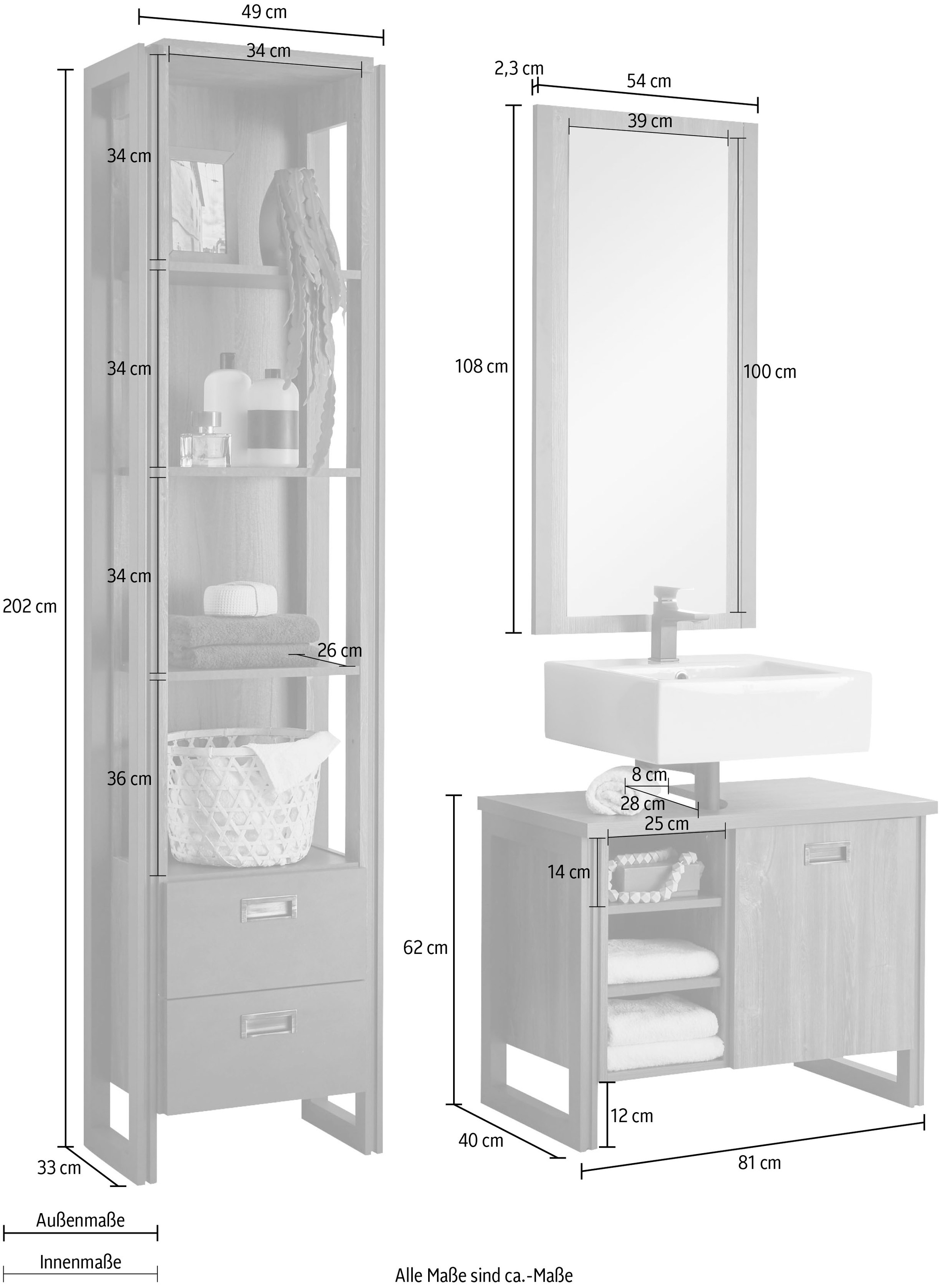 Home affaire Badmöbel-Set »Detroit, Bad im Industrialdesign, 3-teiliges Badezimmer«, (Set, 3 St.), Unterschrank, Regal & Spiegel, holzfarben, offene Fächer & Stauraum