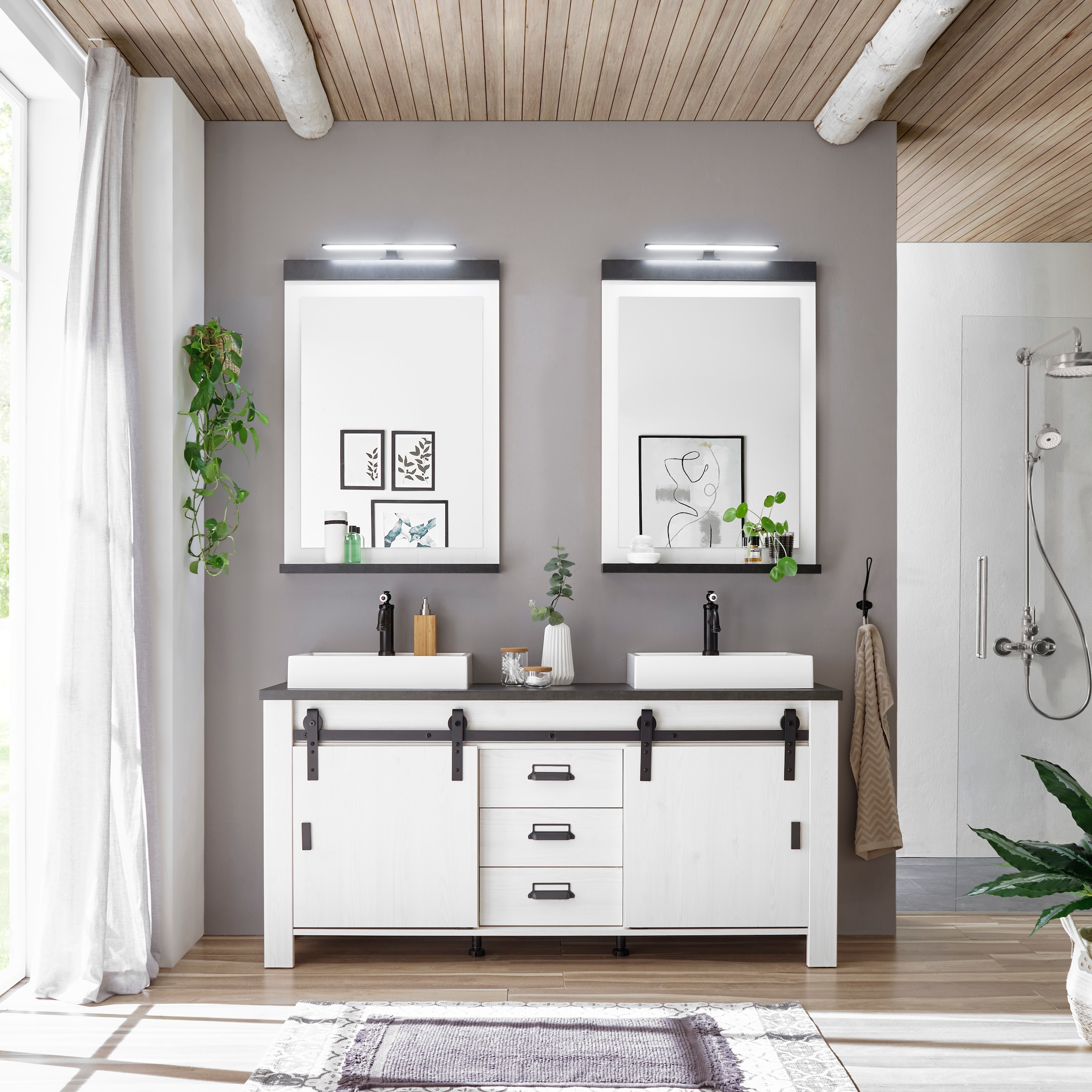Home affaire Badmöbel-Set »SHERWOOD, Bad im modernen Design, 3-teiliges Badezimmer«, (3 St.), in 2 Farben verfügbar, Scheunentorbeschlag & Apothekergriff aus Metall