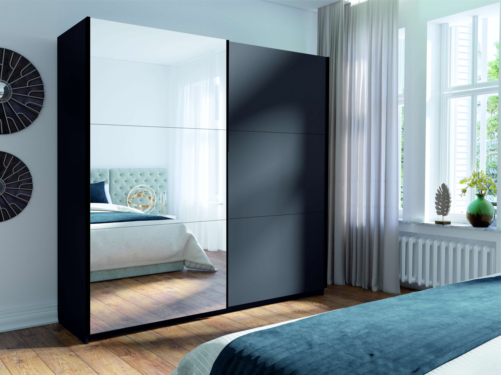 Home affaire Kleiderschrank »Kleiderschrank Fresno mit 5 Einlegeböden, Spiegel und Kleiderstange«, Garderobe mit 2 Schwebetüren, B/H/T 150/207/62 cm