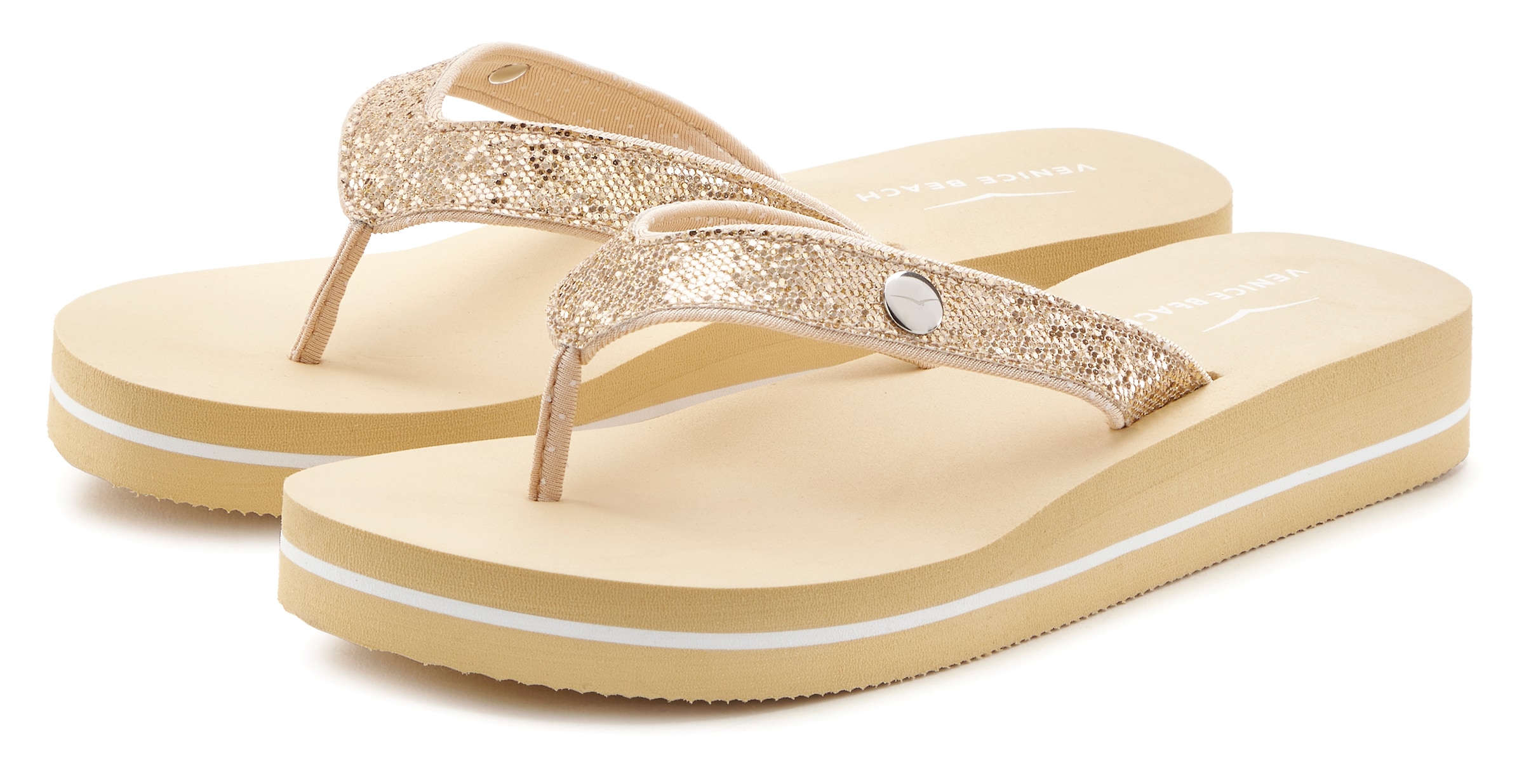 Venice Beach Badezehentrenner, Sandale, Pantolette, Badeschuh ultraleicht mit Glitzerband VEGAN