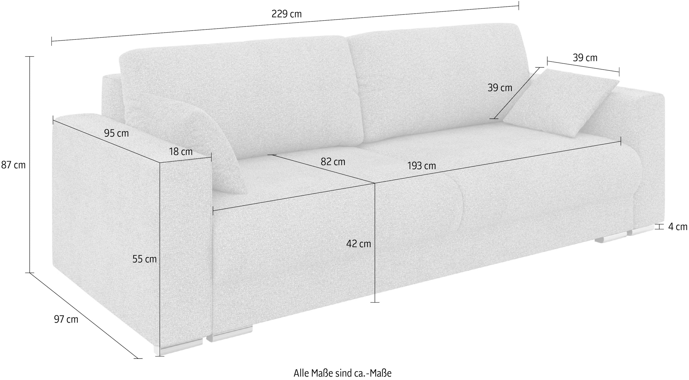 INOSIGN 3-Sitzer »Stevinson Schlafsofa mit Bettkasten, Masse B/H/T: 229/87/97 cm«, mit Wellenunterfederung, 2 Rückenkissen und 2 Zierkissen