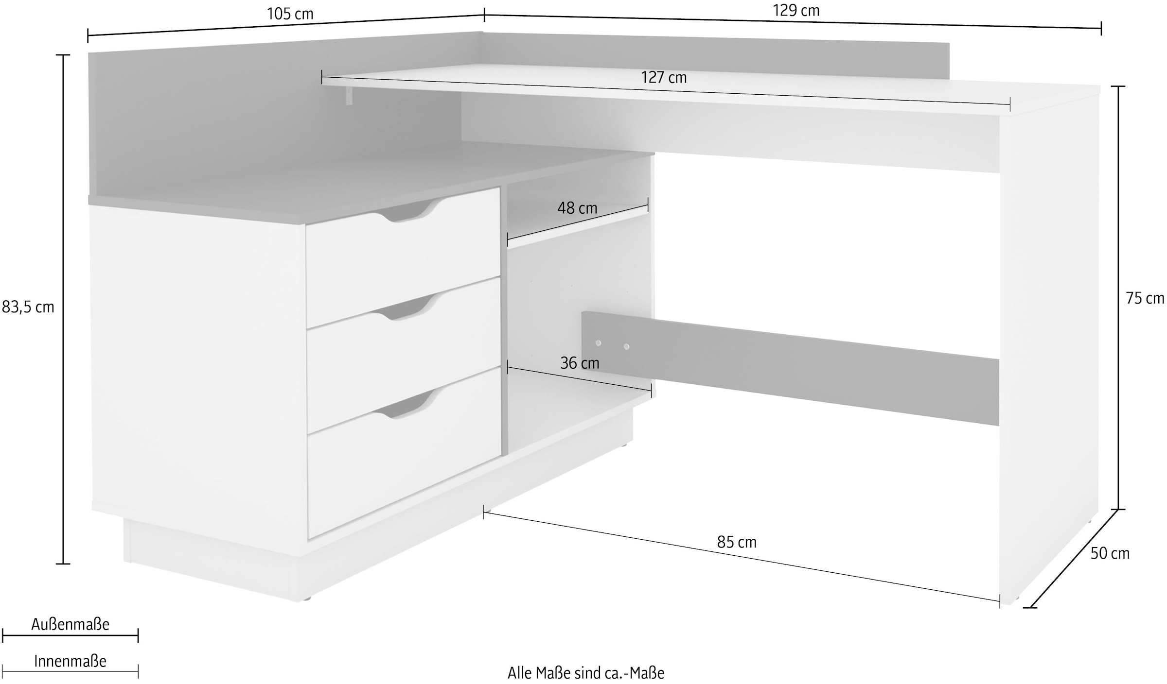 byLIVING Eckschreibtisch »Bern«, Breite 129 cm, rechts oder links montierbar