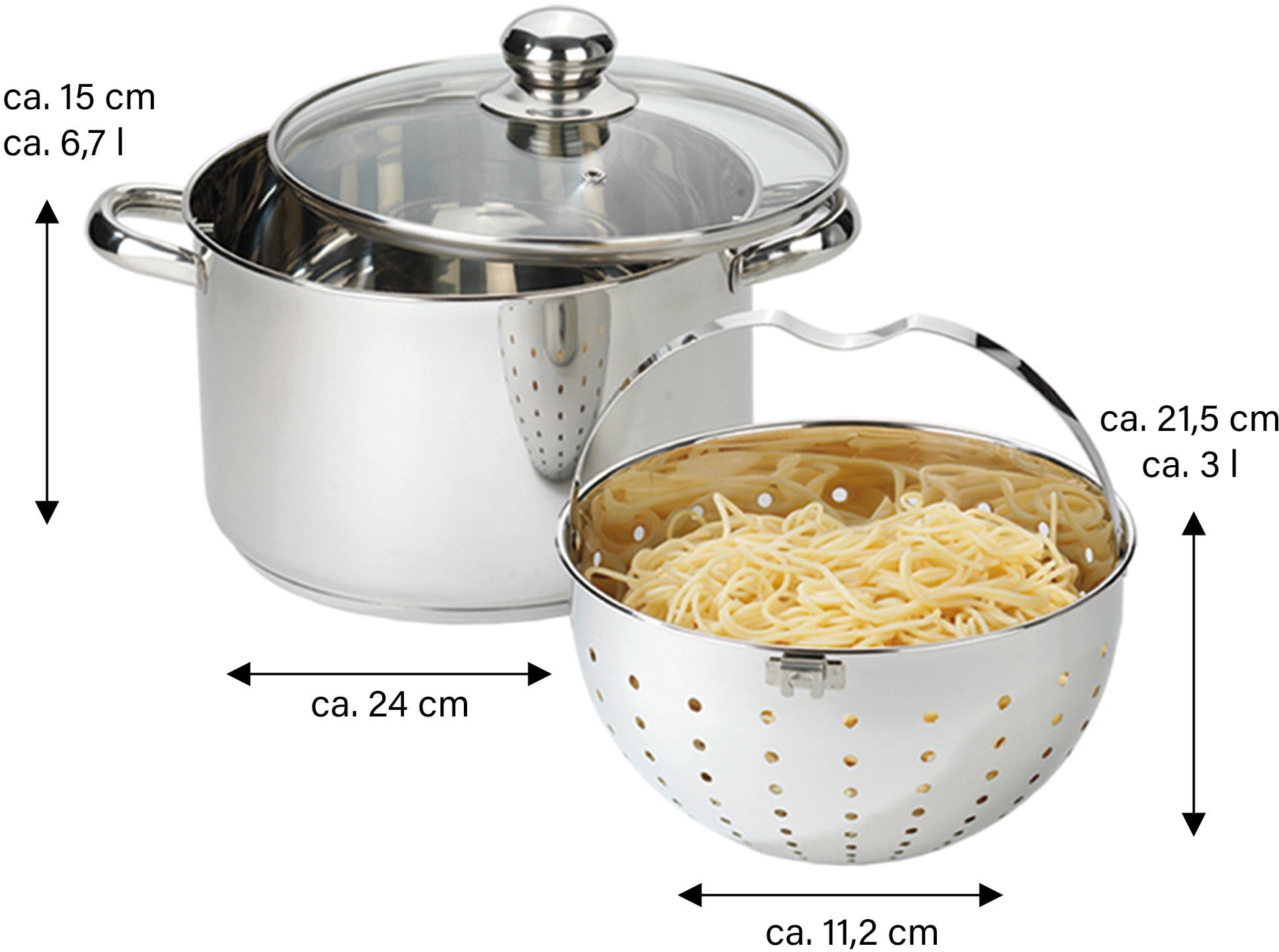 BEYOND Topf-Set, Edelstahl 18/8, (Set, 3 tlg., 1 Kochtopf mit Glasdeckel Ø 24 cm, 1 Siebeinsatz Ø 21,5 cm), Kochen,Braten,Schmoren,Backen,Dünsten,Dämpfen,Blanchieren,Induktion