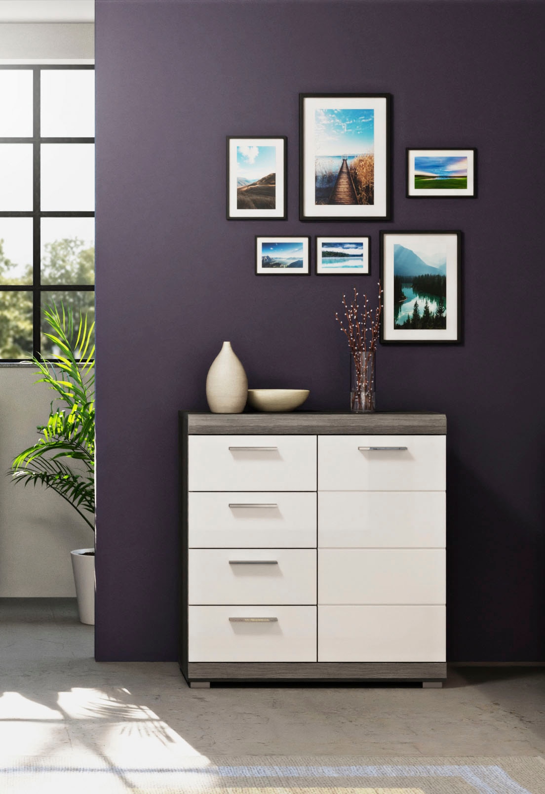 INOSIGN Kommode »Siena, Breite 80 cm, 1 Tür, 2 Einlegeböden, 3 Fächer, 4 Schubkästen«, Front-Rillenfräsung, Schuhkommode, Schuhschrank, Anrichte, Sideboard