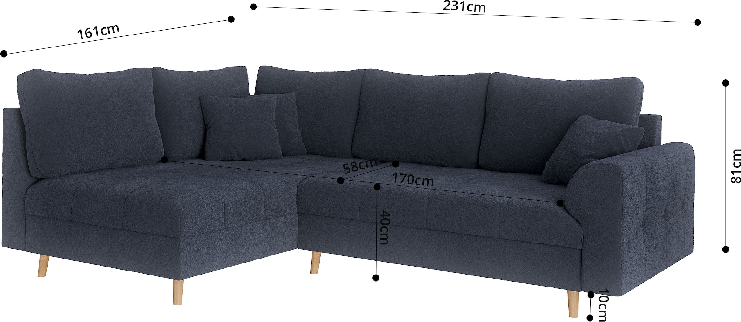 Home affaire Ecksofa »CHARRE L-Form mit Ottomane, Masse B/T/H: 231/161/81 cm«, feine Steppung, lose Rücken- und Zierkissen, auch in Cord und Bouclé