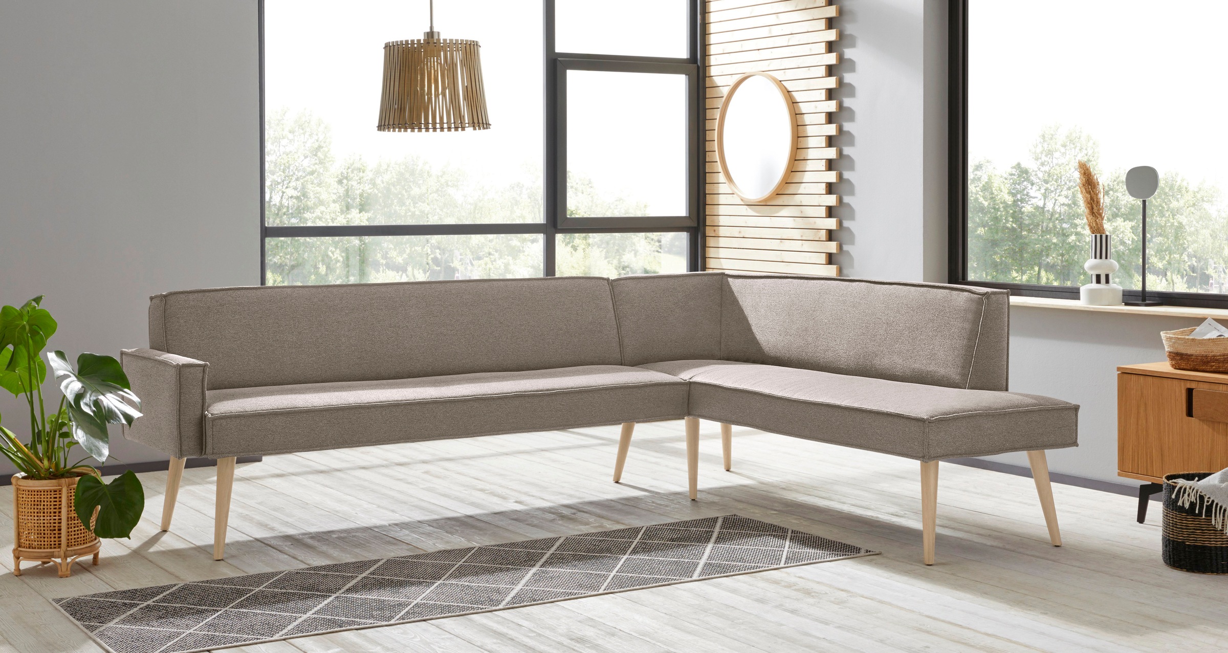 exxpo - sofa fashion Eckbank »Lungo, moderne Kedernaht, bequem und elegant, hoher Holzfuss«, hochwertige Detailverarbeitung, frei im Raum stellbar