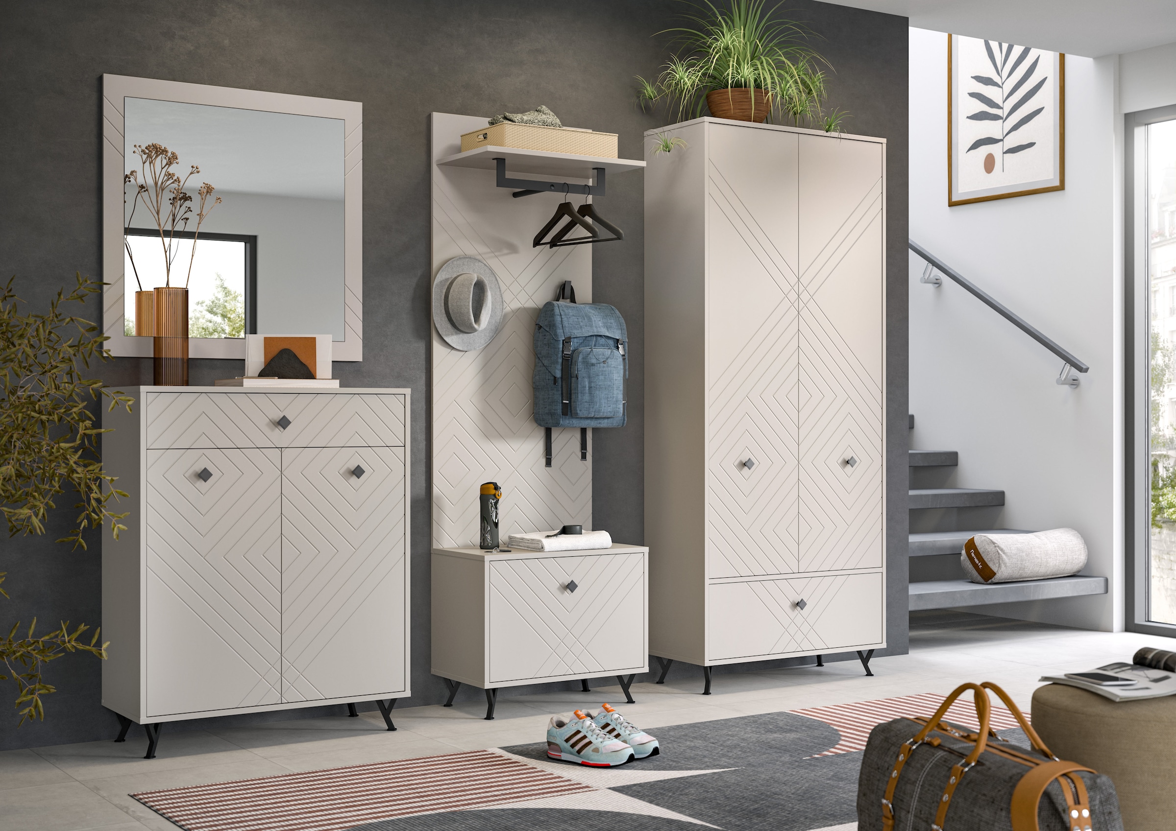 INOSIGN Garderobenschrank »Mento, Höhe 190cm, 2 Türen, 1 Klappe, 4 Einlegeböden, 6 Fächer«, Metall Knopfgriffe & Y-Füsse, Front mit Ornamentfräsung, Kleiderschrank