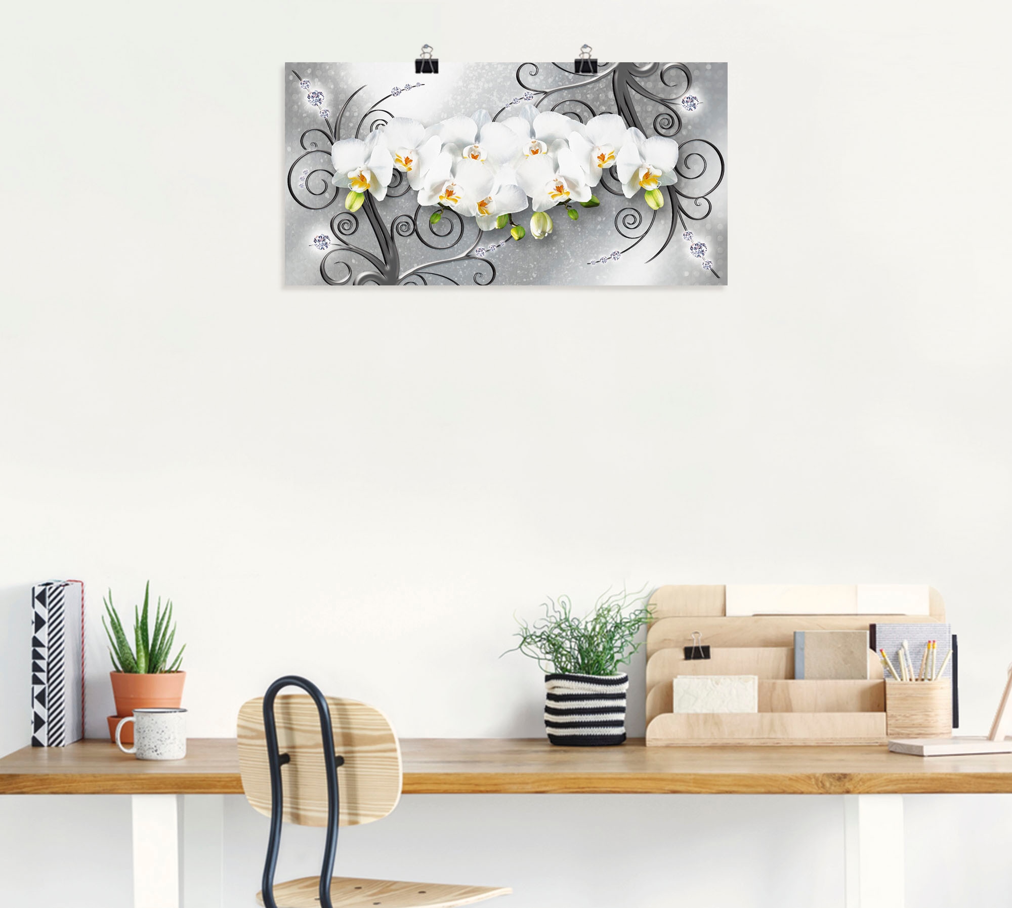 Artland Wandbild »weisse Orchideen auf Ornamenten«, Blumenbilder, (1 St.), als Alubild, Outdoorbild, Leinwandbild, Poster, Wandaufkleber